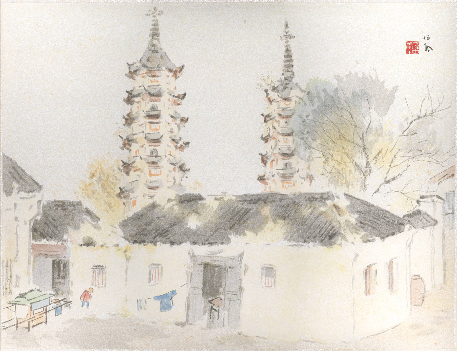 Suzhou 桌布 壁紙 — 水彩畫，描繪兩座華麗的寶塔聳立在傳統白牆房屋之上，附近有小孩在玩耍。