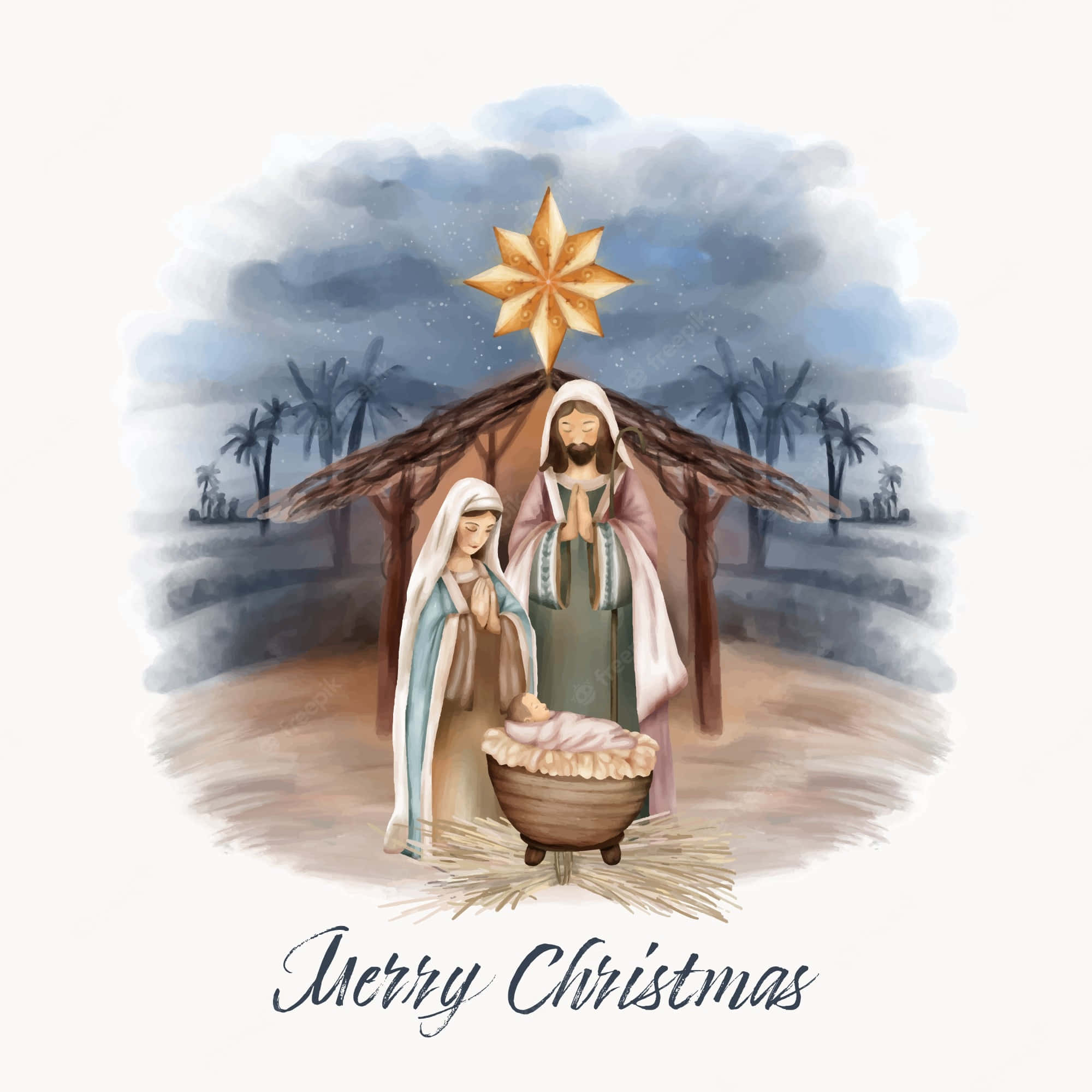 Religious Christmas 桌布 壁紙 — 水彩畫耶穌誕生場景，瑪利亞、約瑟和嬰兒耶穌在星空下，有棕櫚樹。