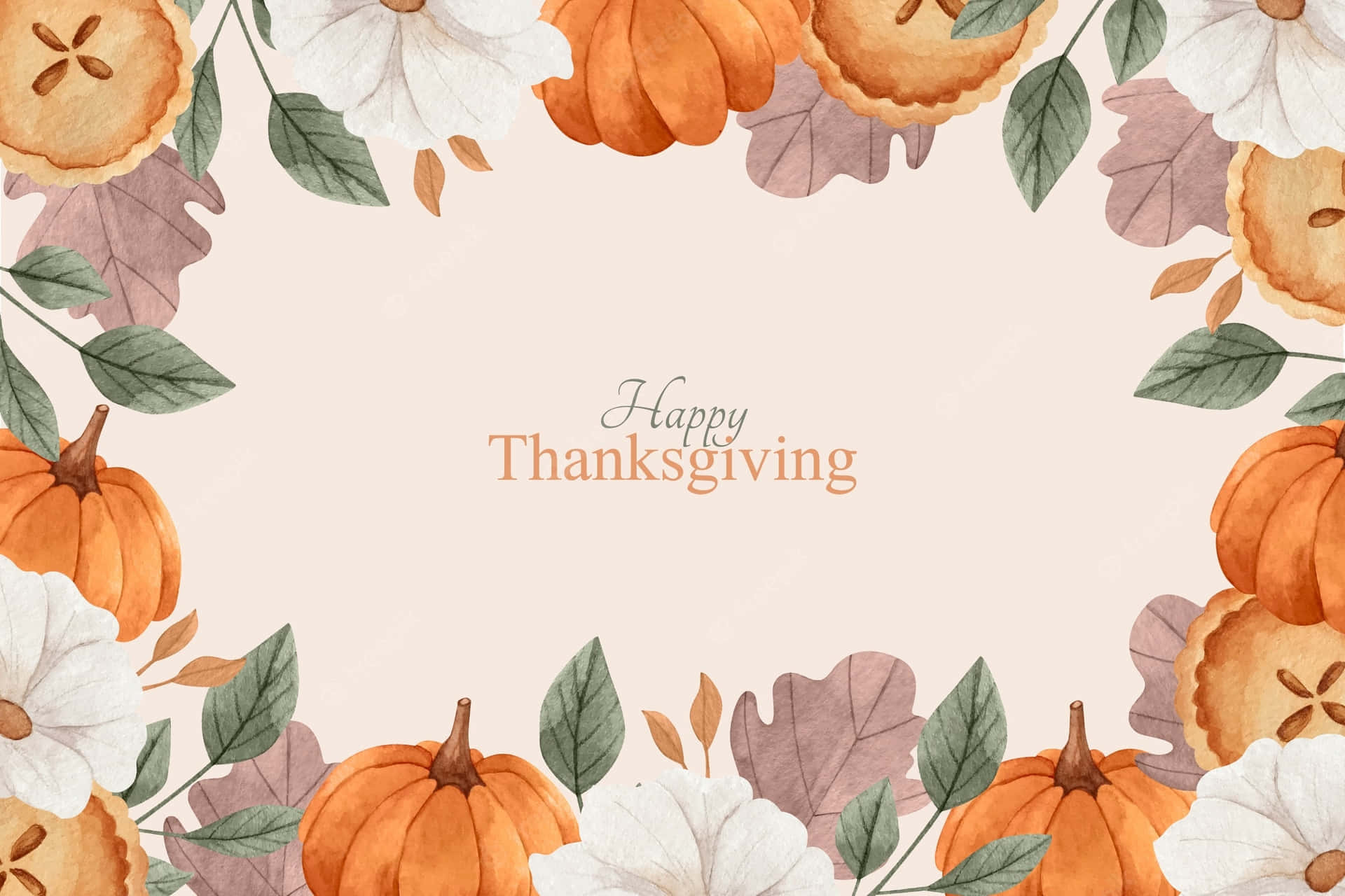 節日 桌布 壁紙 — 水彩秋季邊框，以南瓜、樹葉和花朵圍繞「Happy Thanksgiving」文字。