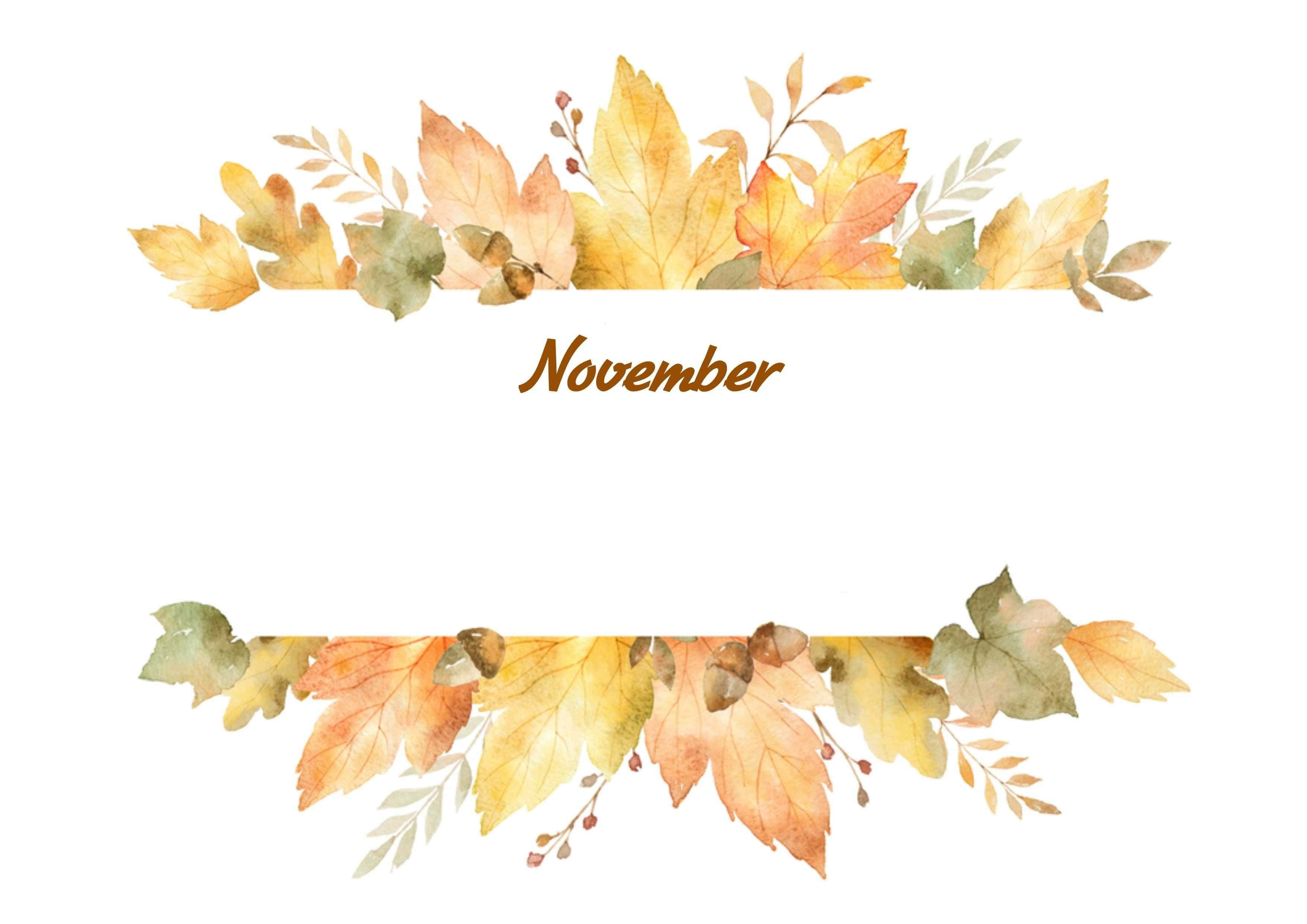 Aesthetic November 桌布 壁紙 — 水彩秋葉和橡子以溫暖的金色色調框住「十一月」這個詞，背景是潔淨的白色。