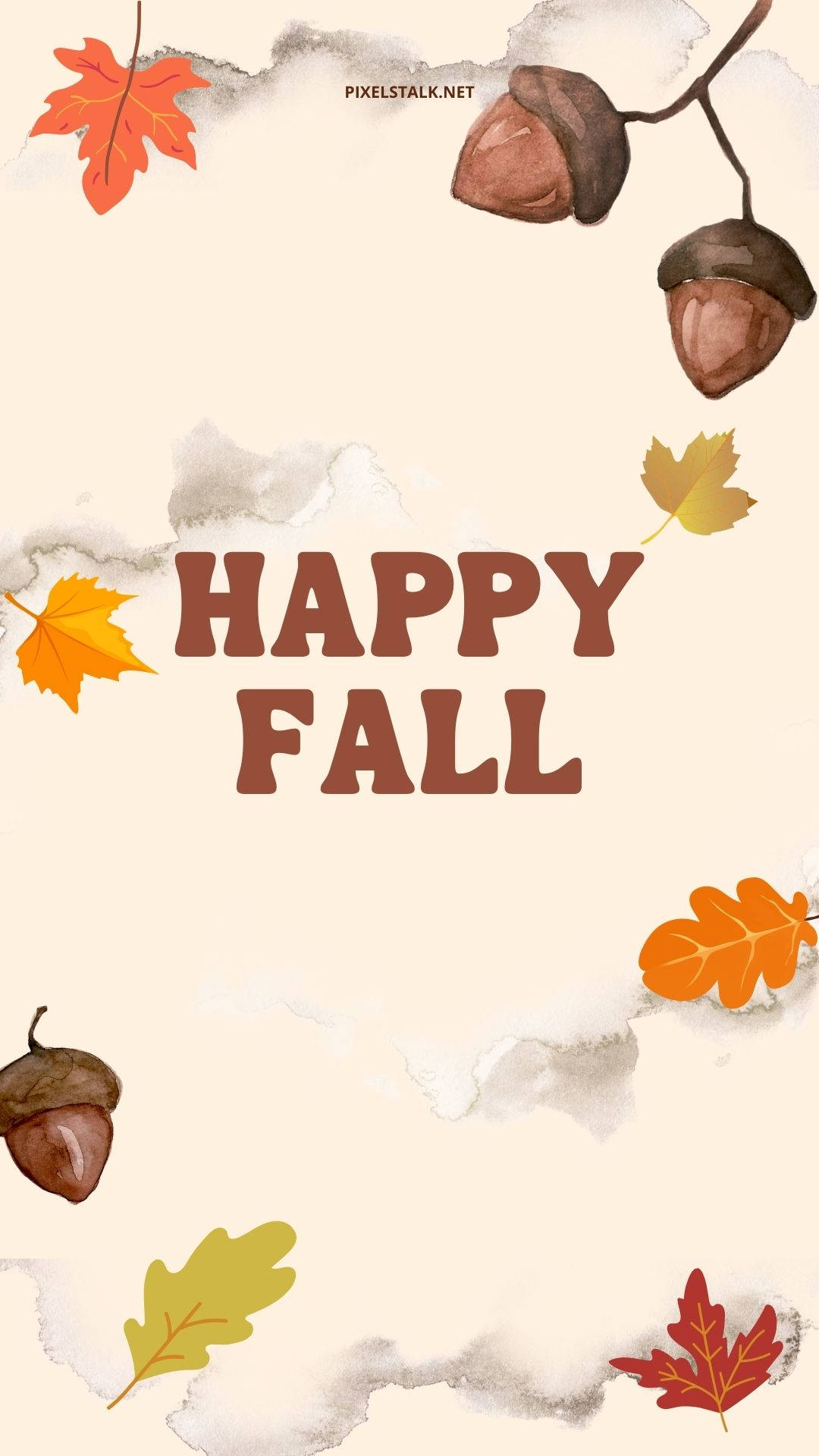 秋季 iPhone 桌布 壁紙 — 水彩秋葉和橡子框住文字 'HAPPY FALL'，背景為柔和的米色，邊緣有撕裂的紙張效果。