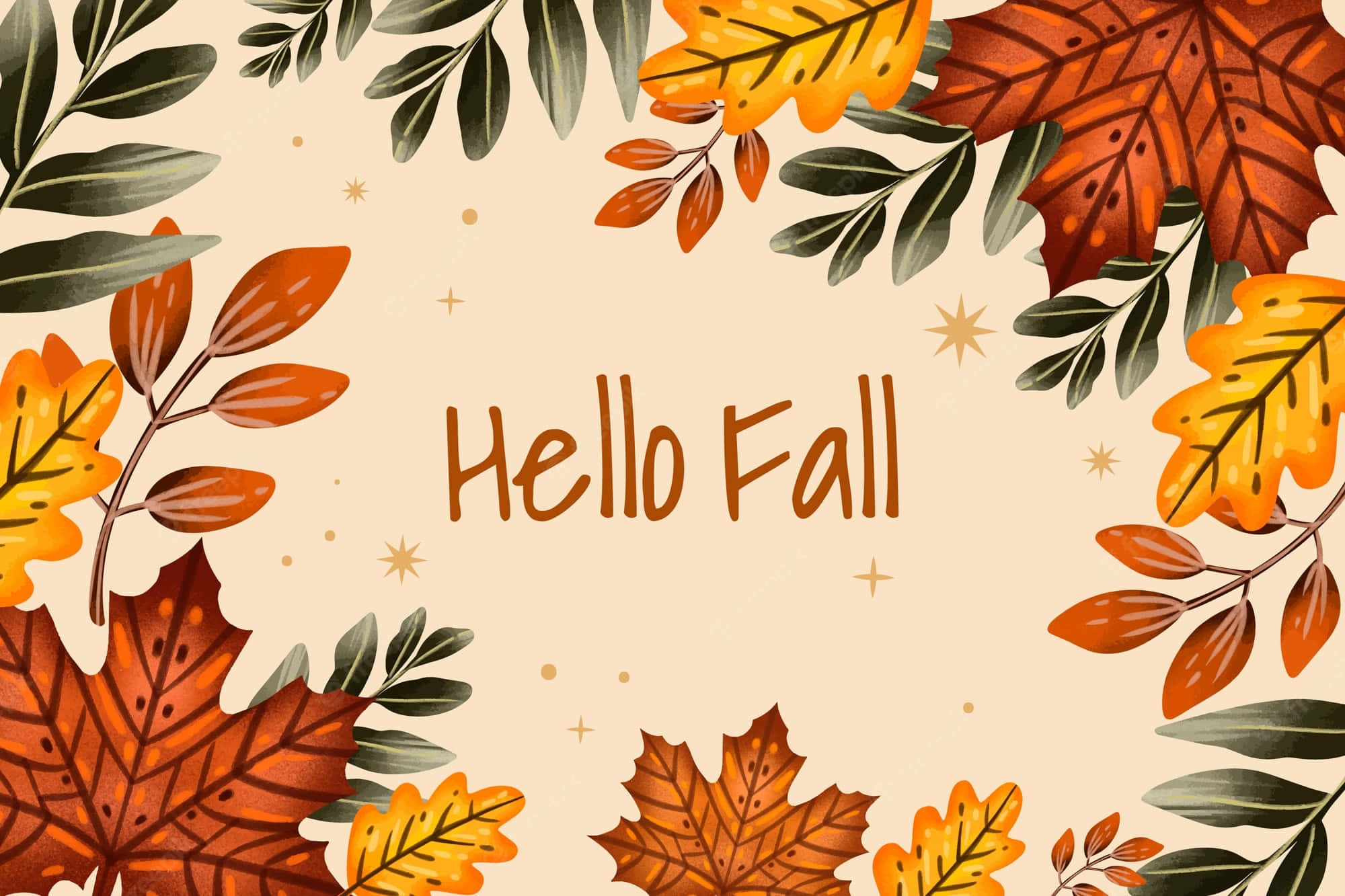 Hello Fall 桌布 壁紙 — 水彩秋葉邊框圍繞著文字「Hello Fall」，背景為米色並帶有金色星星。