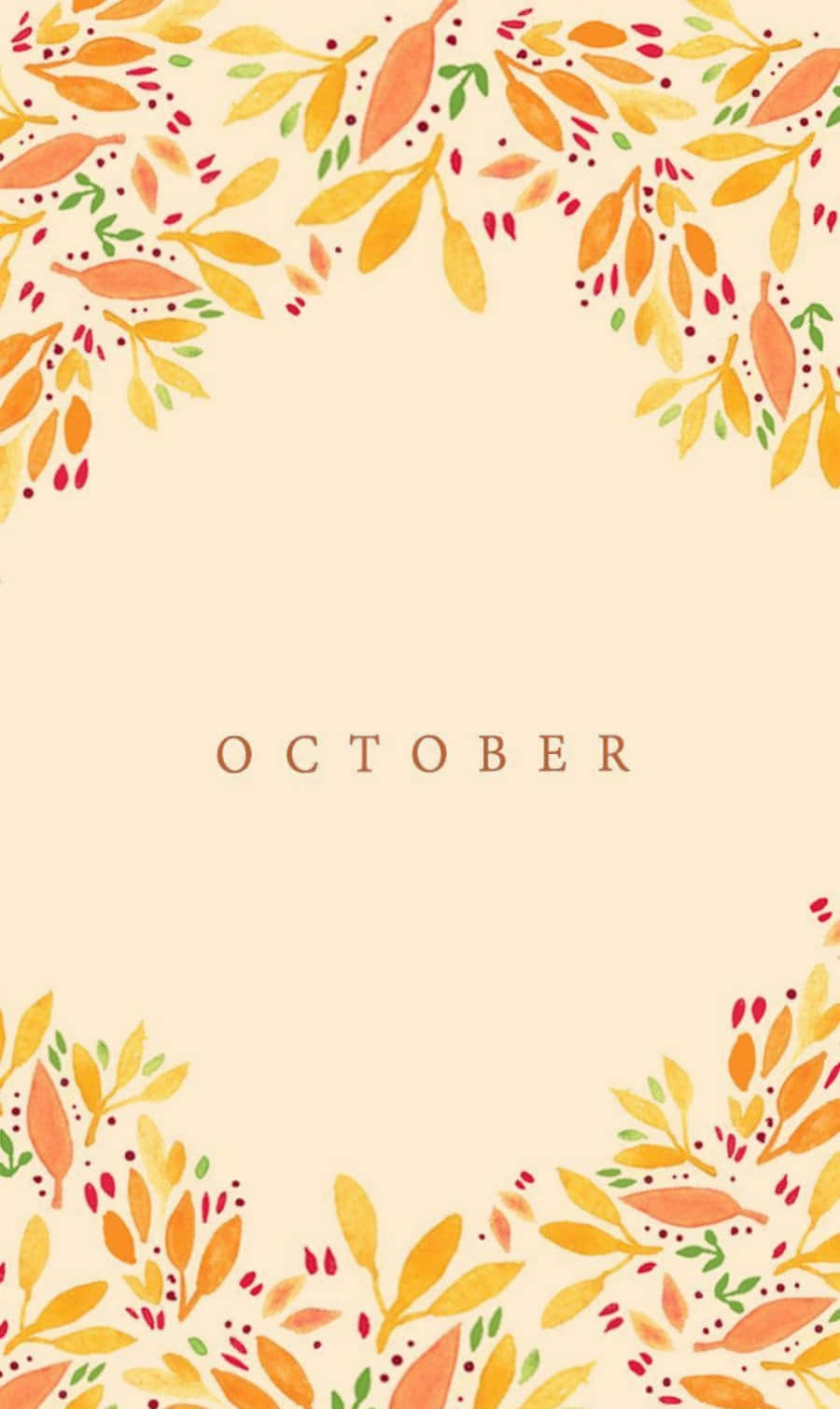 October Aesthetic 桌布 壁紙 — 水彩秋葉邊框在柔和的奶油色背景上框住 October 這個詞。