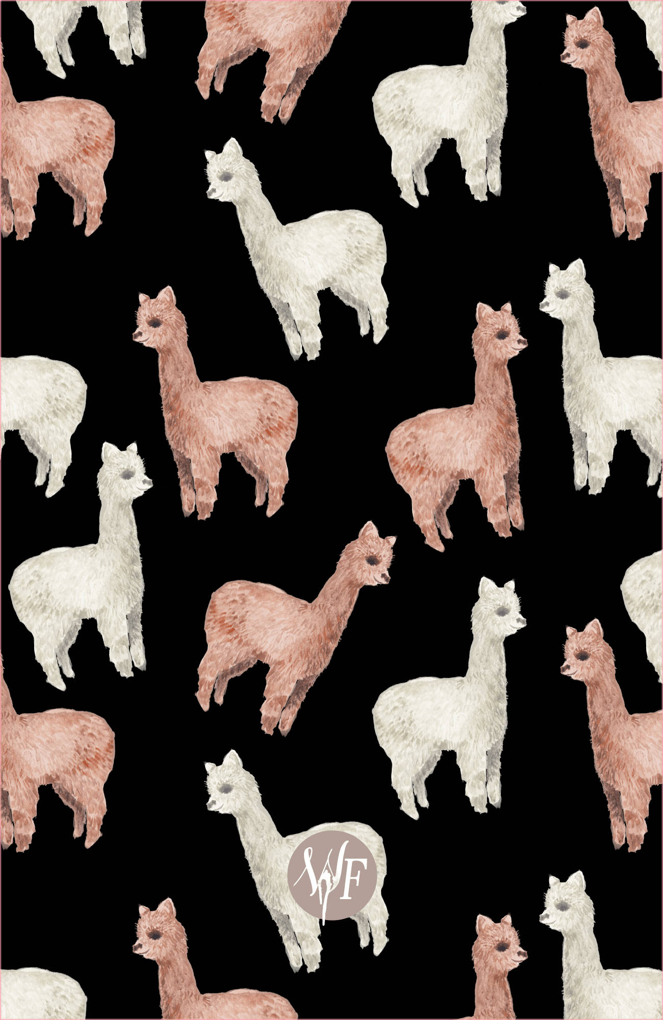 Alpaca 桌布 壁紙 — 水彩羊駝以柔和的粉紅色和白色，在純黑色背景上以重複圖案呈現。
