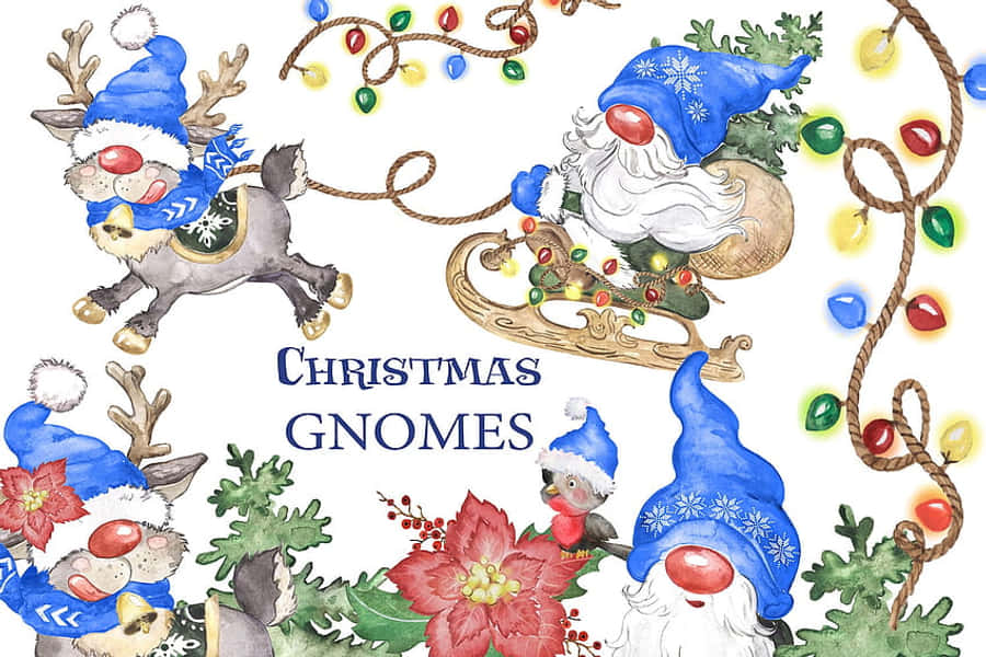 Christmas Gnome 桌布 壁紙 — 水彩聖誕小精靈和馴鹿，戴著藍色帽子、紅色鼻子和節日燈飾，裝飾著歡樂的節日場景。