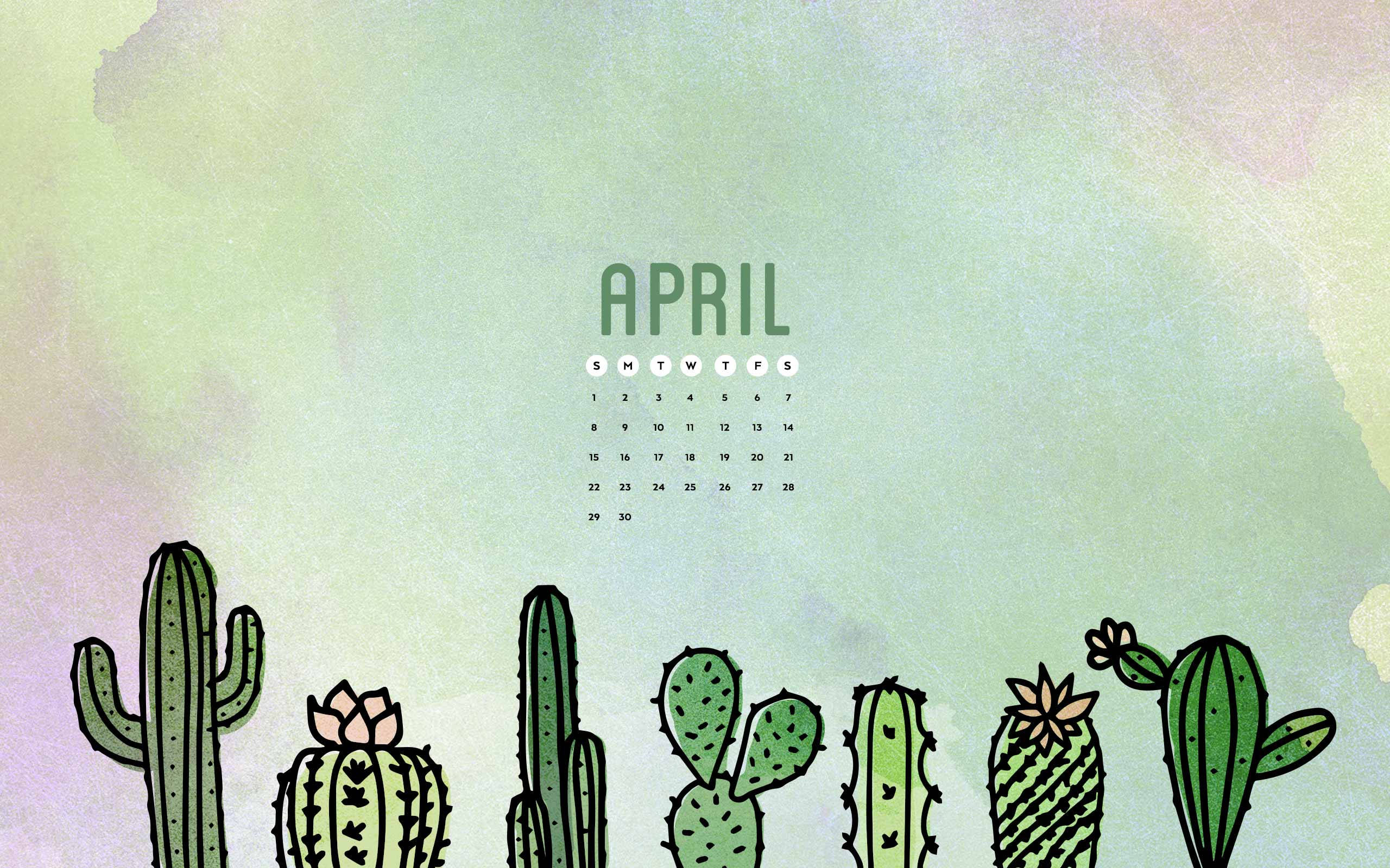 Cactus 桌布 壁紙 — 水彩背景，上面有插圖仙人掌，上方中央有一個極簡風格的四月日曆。