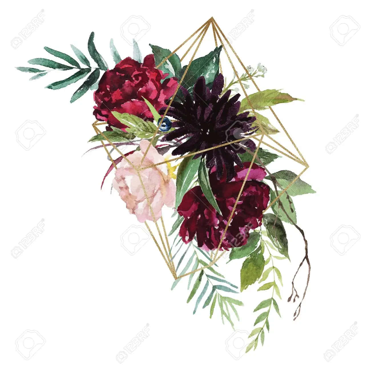 Burgundy Flower 桌布 壁紙 — 水彩花卉佈置，深紅色和粉紅色花朵及綠葉，以金色幾何菱形框起。