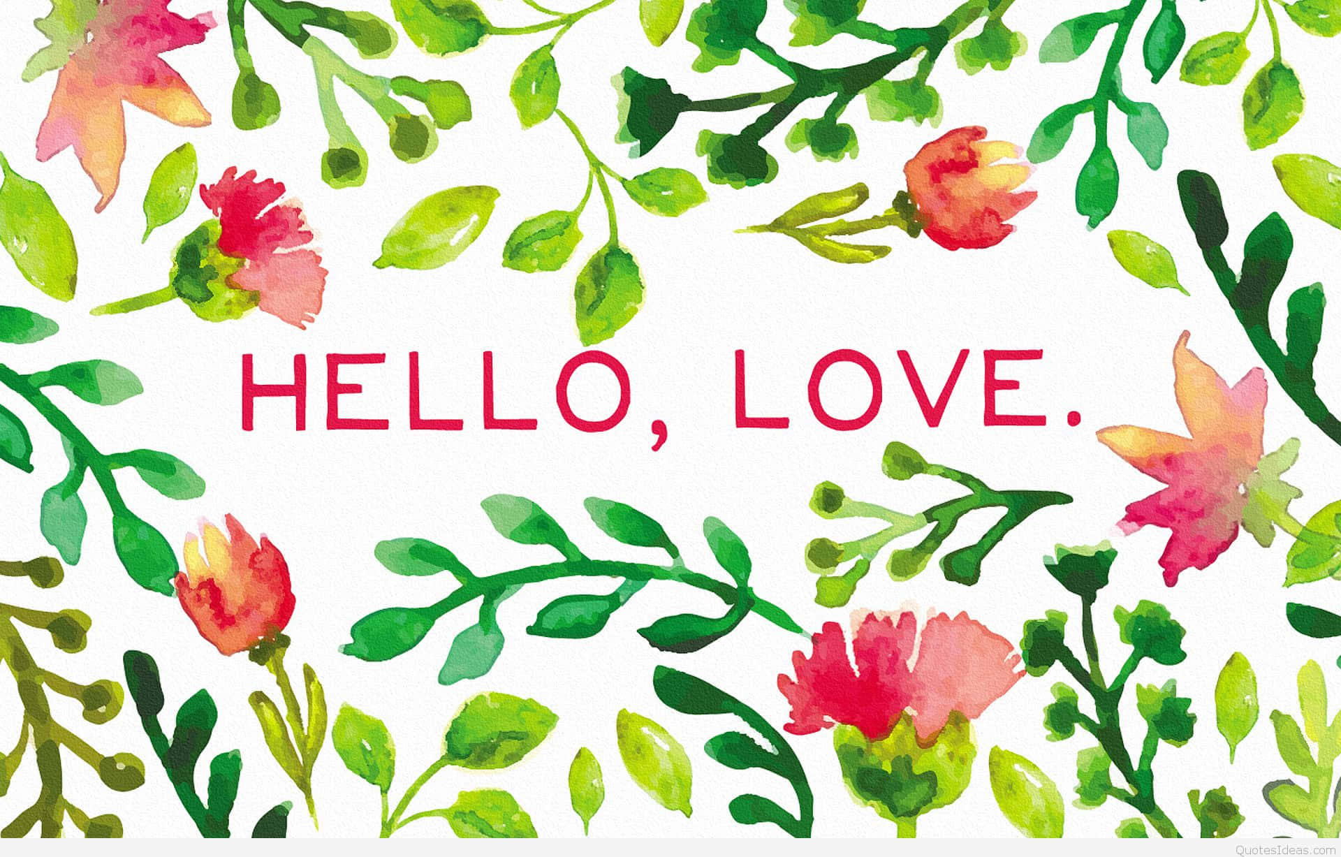 Hello 桌布 壁紙 — 水彩花卉和葉子圍繞著白色背景上粉紅色文字寫的「hello love」字句。