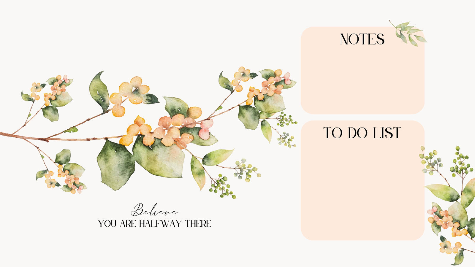 Minimalist Flower Computer 桌布 壁紙 — 水彩花卉樹枝，帶有桃花和綠葉，裝飾著一個簡約的計劃表模板，包含筆記和待辦事項清單部分。