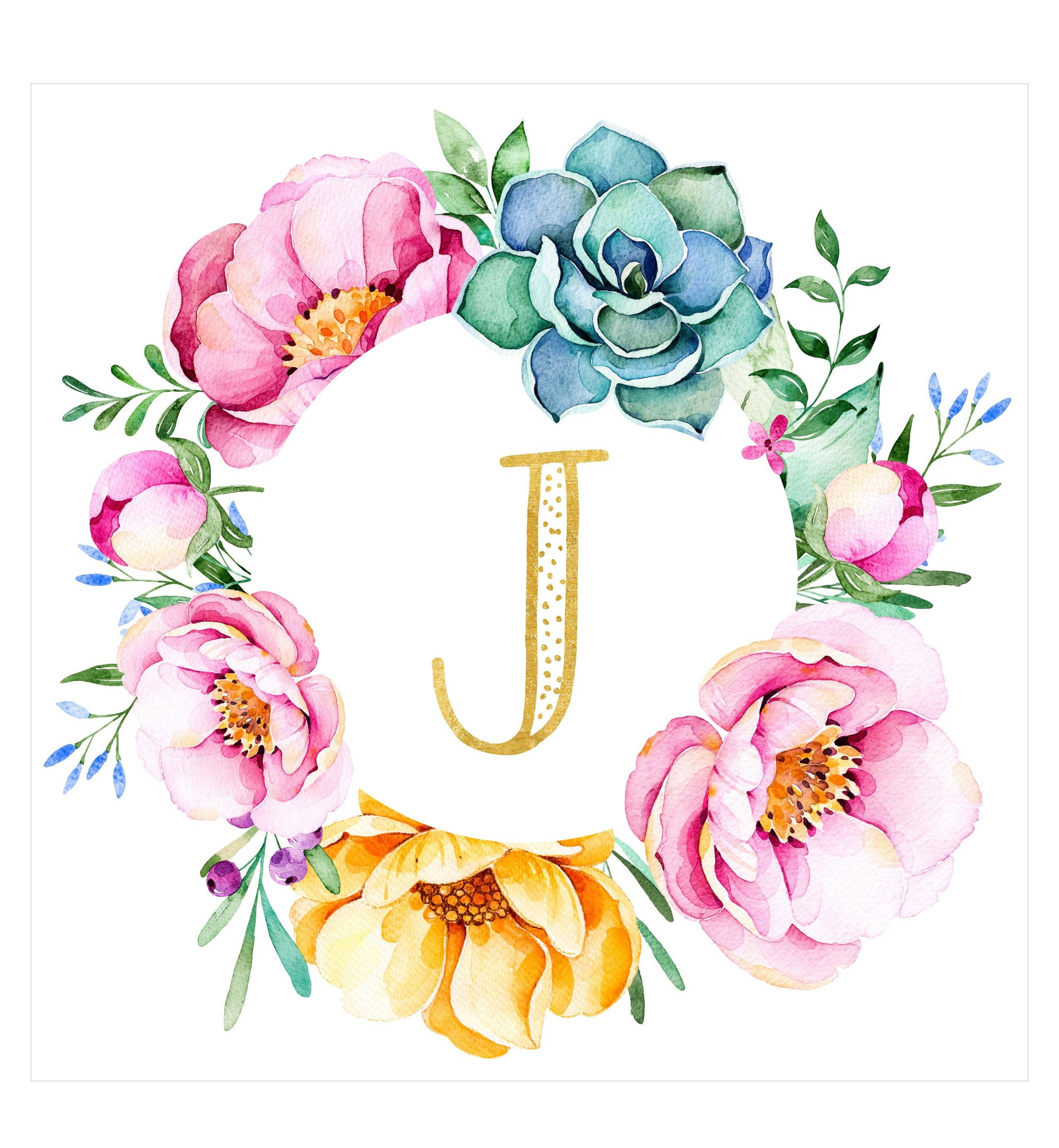 J 桌布 壁紙 — 水彩花卉花環圍繞金色字母J，搭配粉紅色牡丹、藍色多肉植物和黃色花朵，背景為白色。