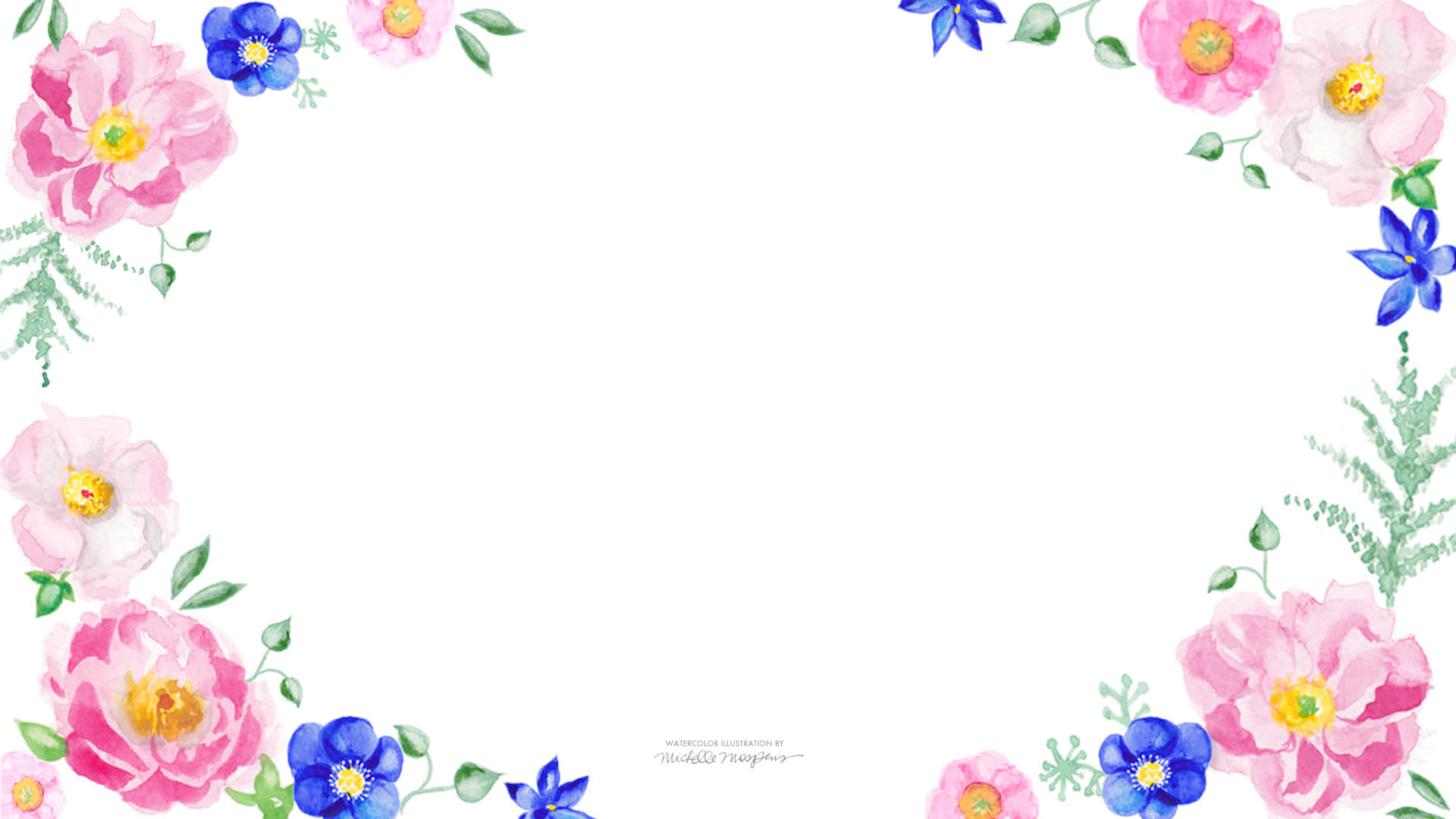 Watercolor Flower 桌布 壁紙 — 水彩花卉邊框，以粉紅色和藍色花朵及綠色葉子環繞白色中心。