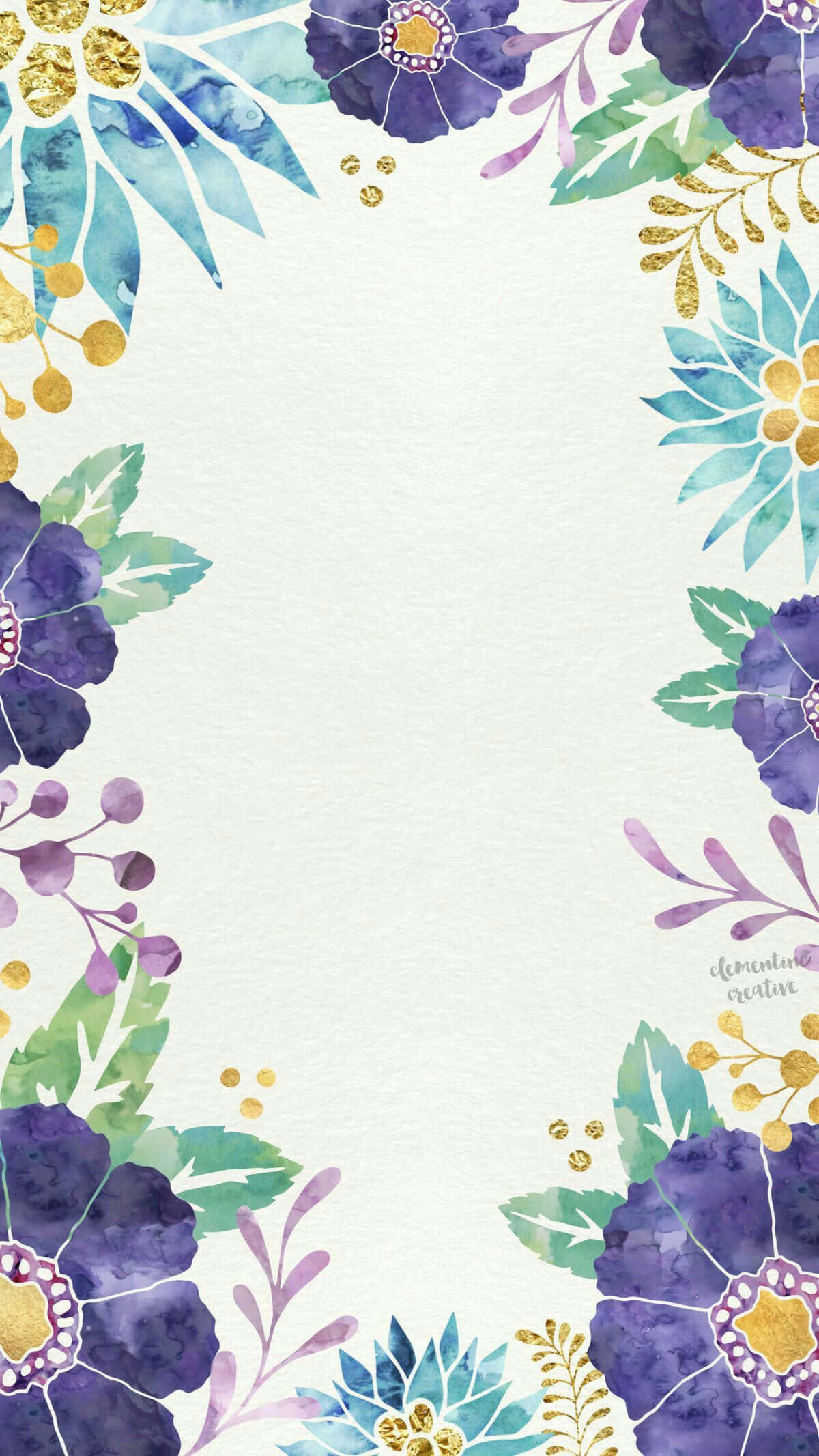 Watercolor Flower 桌布 壁紙 — 水彩花卉邊框，以紫色、藍色和金色的花朵圍繞空白白色空間。