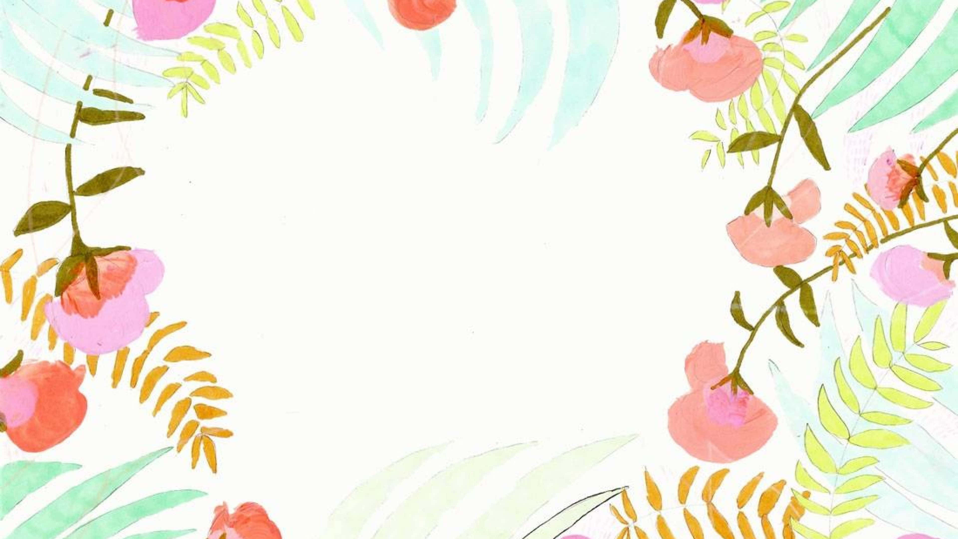 Watercolor 桌布 壁紙 — 水彩花卉邊框，帶有粉紅色的桃花、綠色的蕨類植物和金色的葉子，框住空白的白色中心。