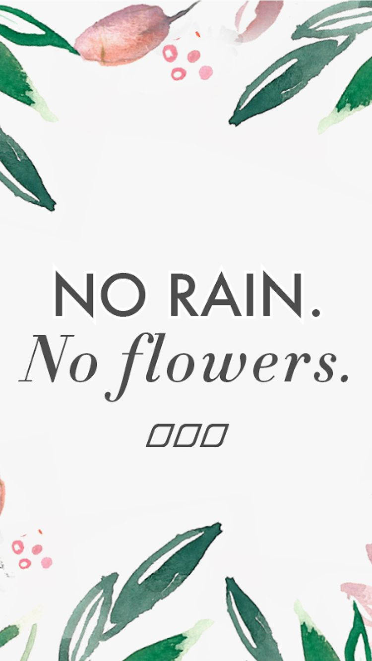 Quote 桌布 壁紙 — 水彩花卉邊框圍繞著一個關於雨和花朵的極簡引言，背景為柔和的白色。