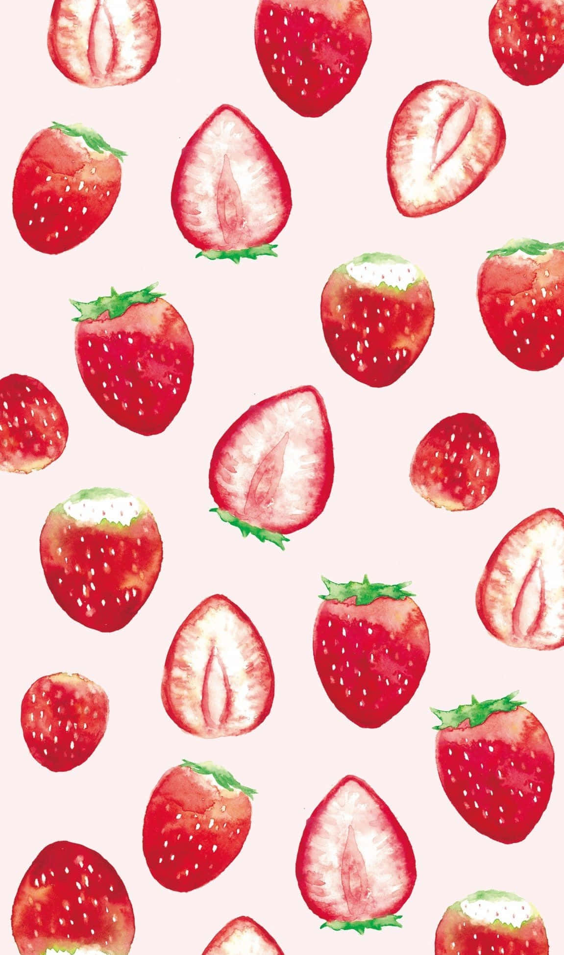 Cute Strawberry 桌布 壁紙 — 水彩草莓，完整和半切，散落在柔和粉紅背景上。