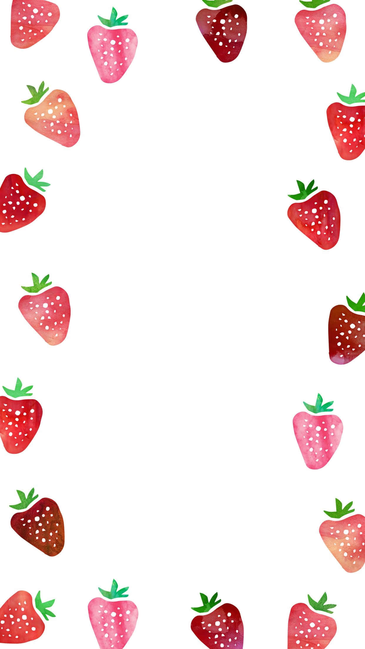 Fruits 桌布 壁紙 — 水彩草莓在邊框框架內，白色背景上帶有柔和的粉紅、紅色和綠色色調。