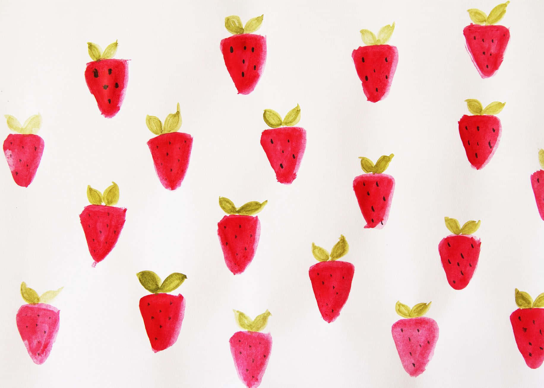 Cute Strawberry 桌布 壁紙 — 水彩草莓搭配綠葉，散落在潔白背景上，形成俏皮圖案。