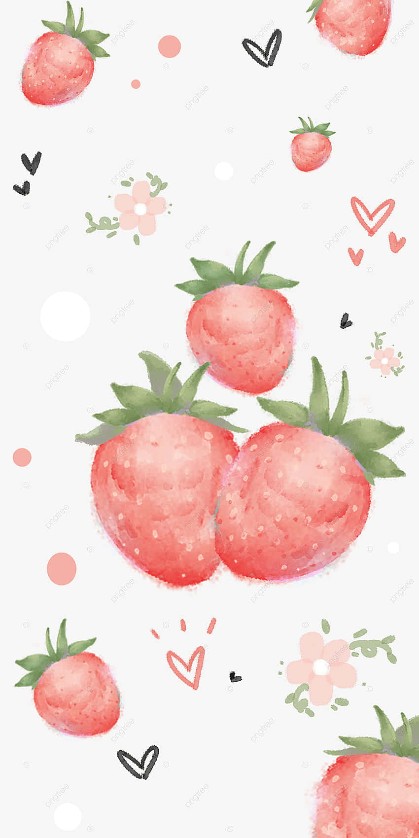 pastel 桌布 壁紙 — 水彩草莓配綠葉和粉紅心形漂浮在帶有花卉點綴的柔和白色背景上。