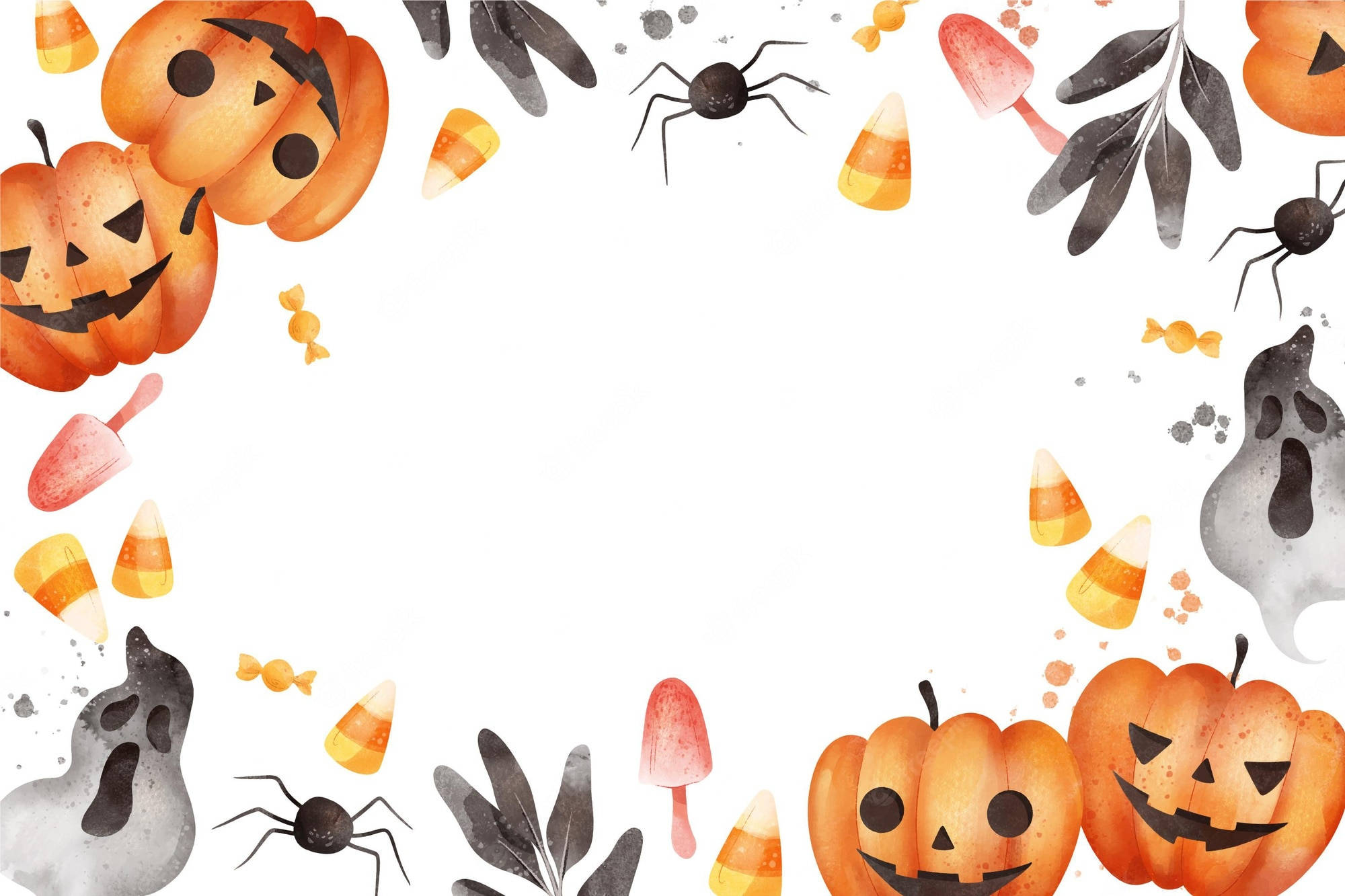 Spooky Season 桌布 壁紙 — 水彩萬聖節邊框，以南瓜、蜘蛛、鬼魂和糖果玉米圍繞空白中心。