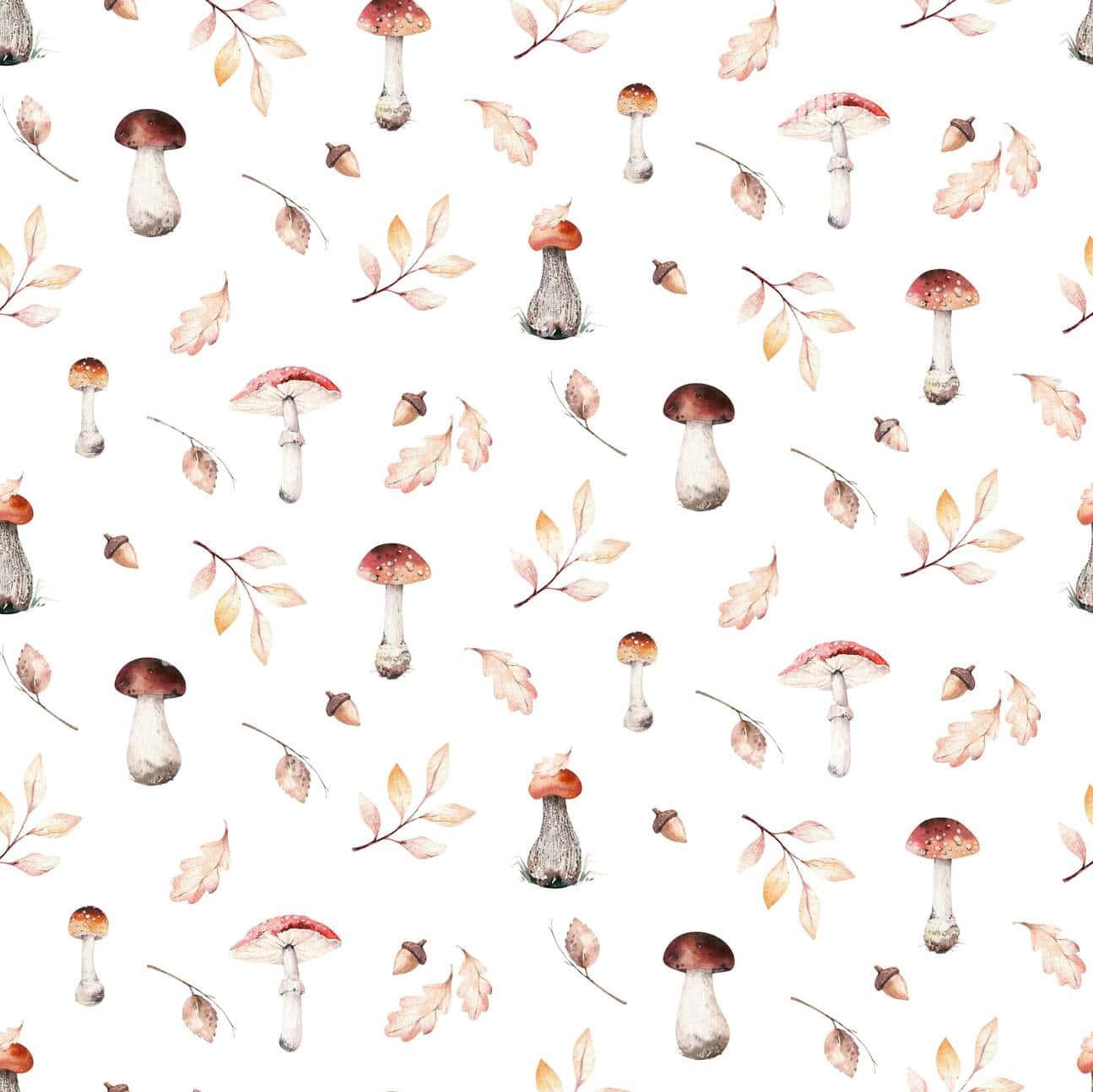 Mushroom Art 桌布 壁紙 — 水彩蘑菇和秋葉散落在乾淨的白色背景上，呈現柔和的土色調。