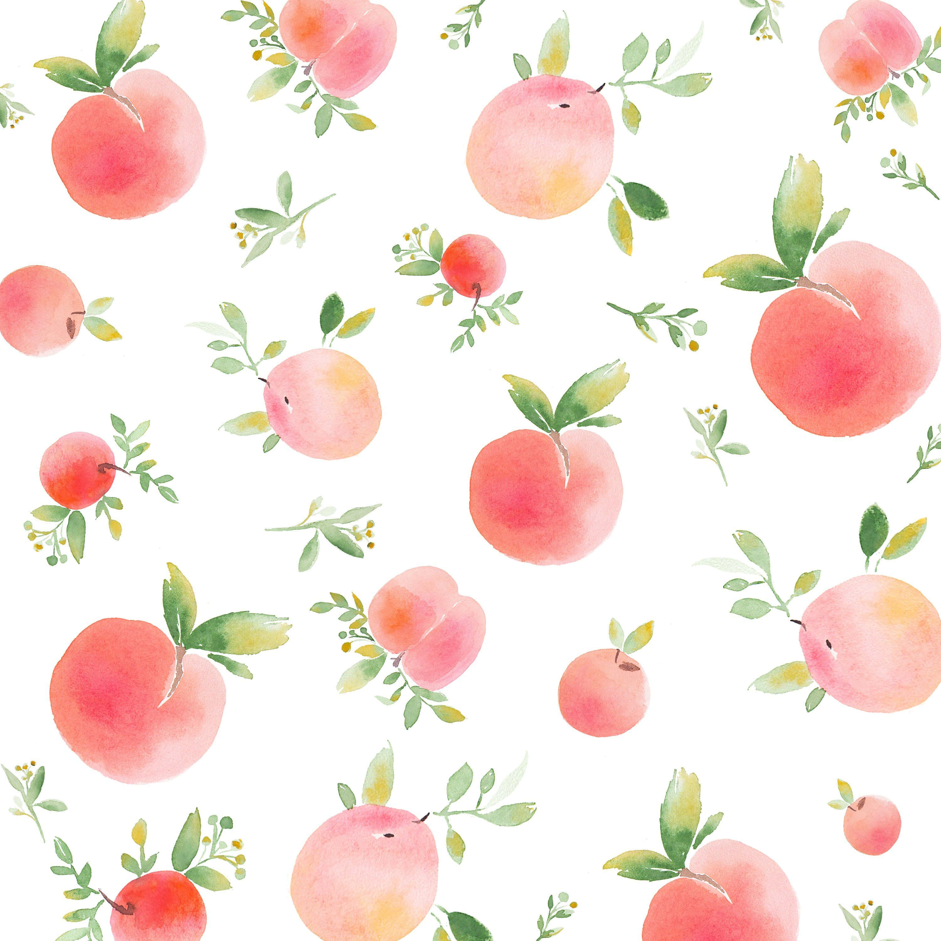 Peaches 桌布 壁紙 — 水彩蜜桃和綠葉散落在潔白背景上，形成重複圖案。