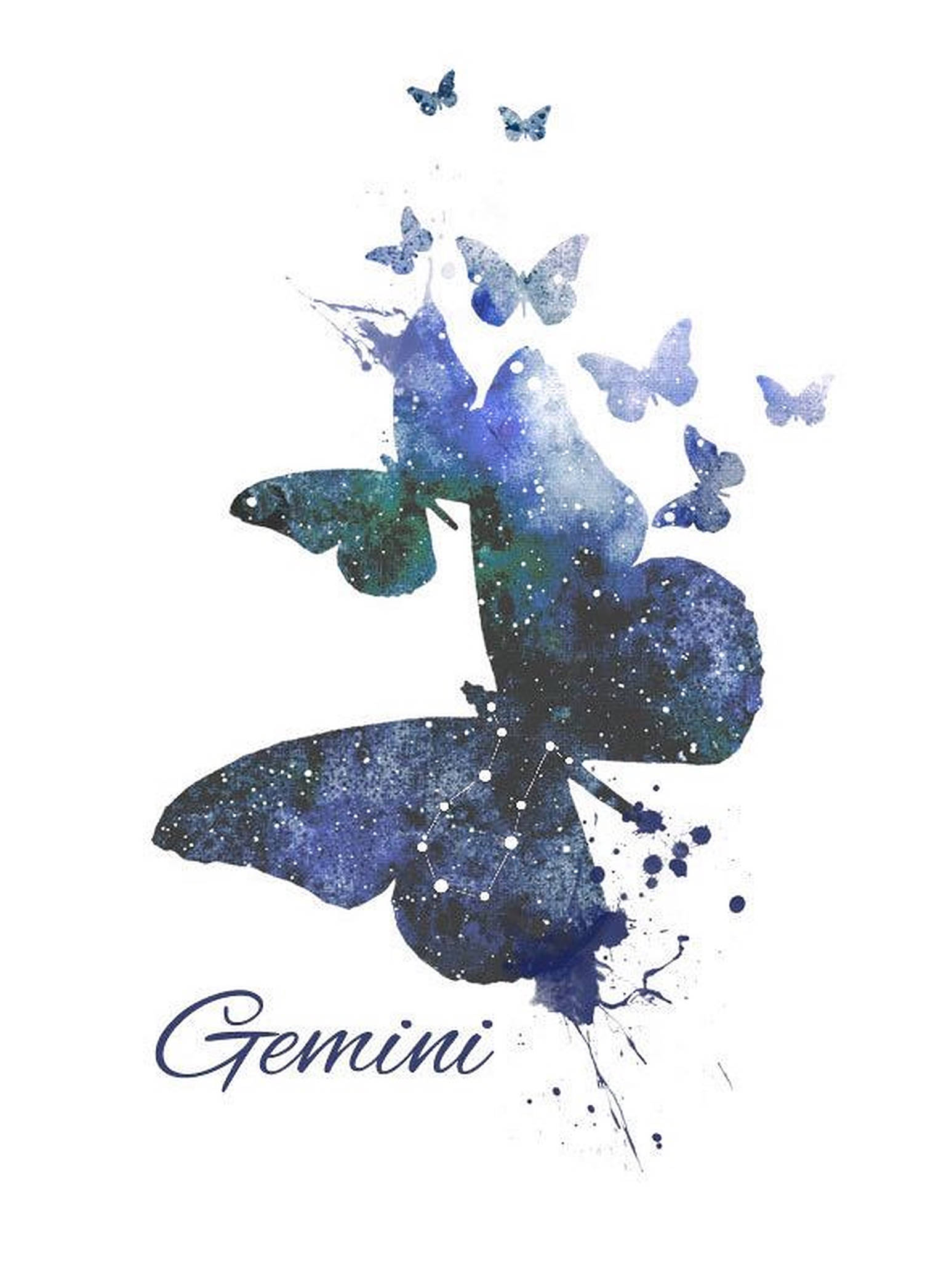 gemini 桌布 壁紙 — 水彩蝴蝶剪影，充滿星空和星座線條，周圍有較小的蝴蝶，下方有Gemini字樣。