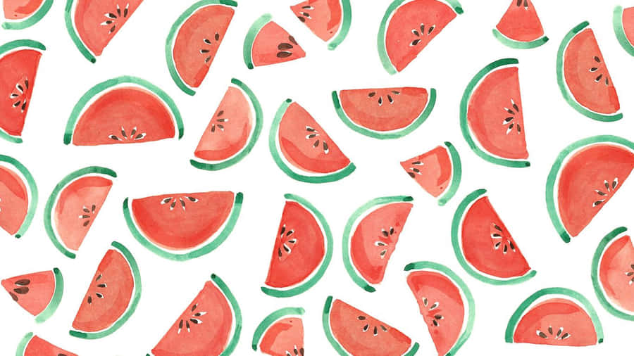 Aesthetic Tumblr Desktop 桌布 壁紙 — 水彩西瓜切片，帶綠色外皮和黑色種子，散落在白色背景上。