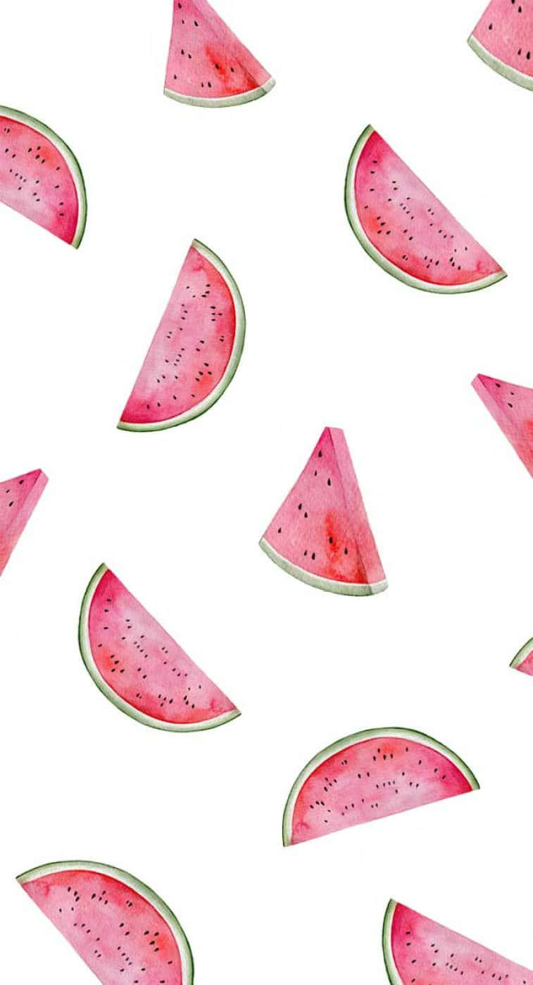 Watermelon iPhone 桌布 壁紙 — 水彩西瓜片散落在乾淨的白色背景上，帶有柔軟的粉紅色果肉和綠色外皮。