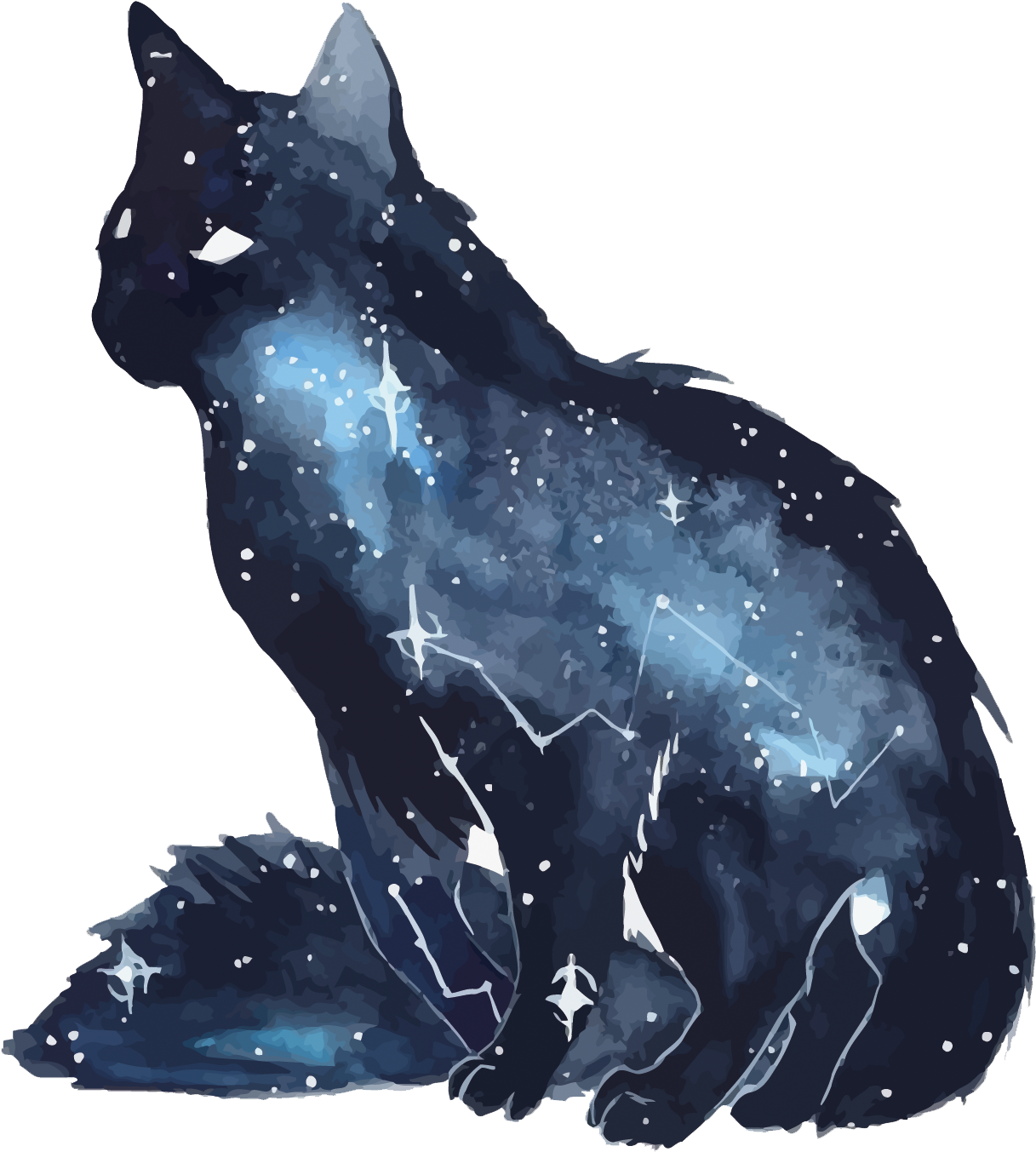 可愛貓咪動圖 桌布 壁紙 — 水彩貓剪影，充滿發光的星星和星座，背景為黑色。