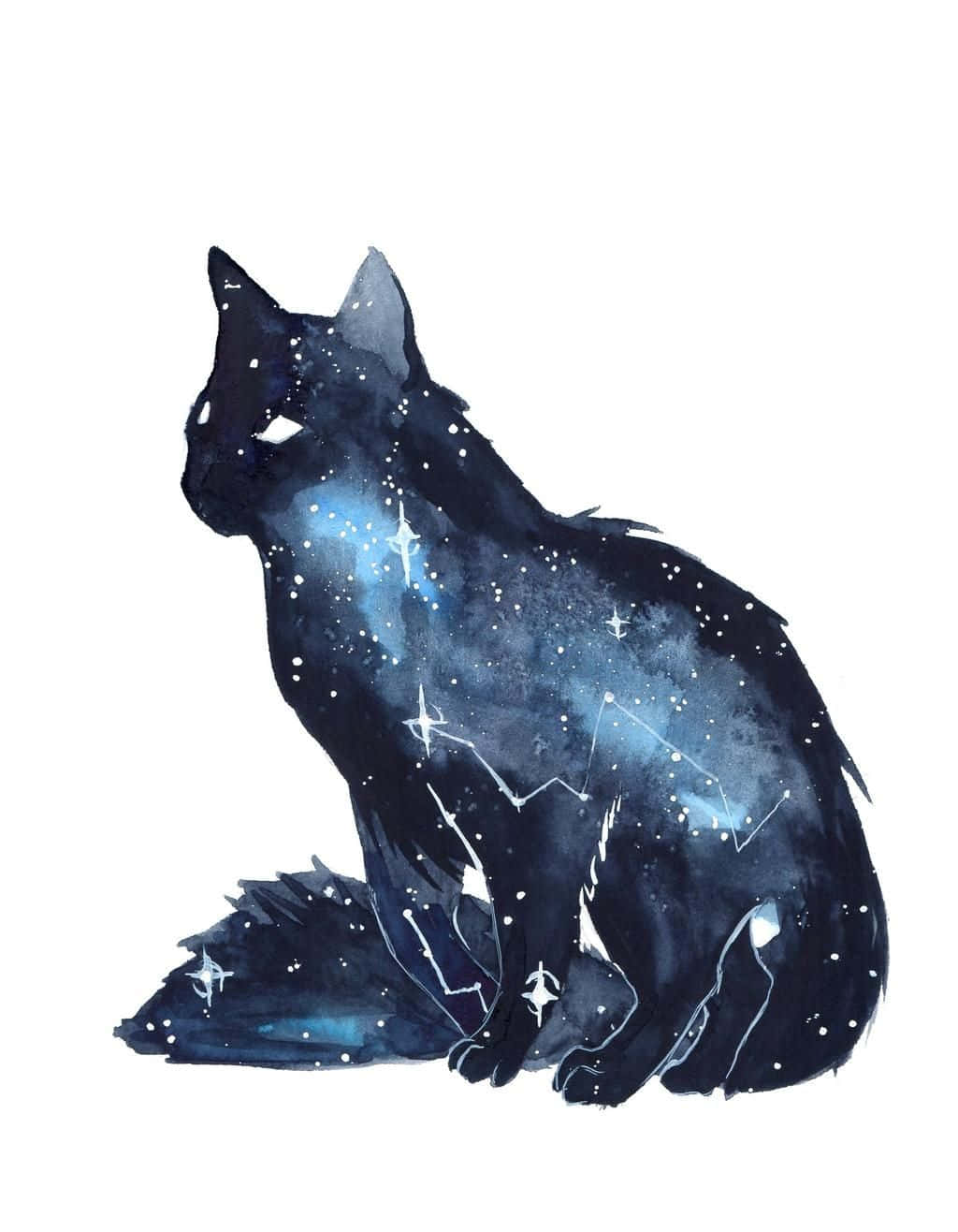 桌布 壁紙 — 水彩貓剪影，內部充滿發光的星星和星座，背景為白色。