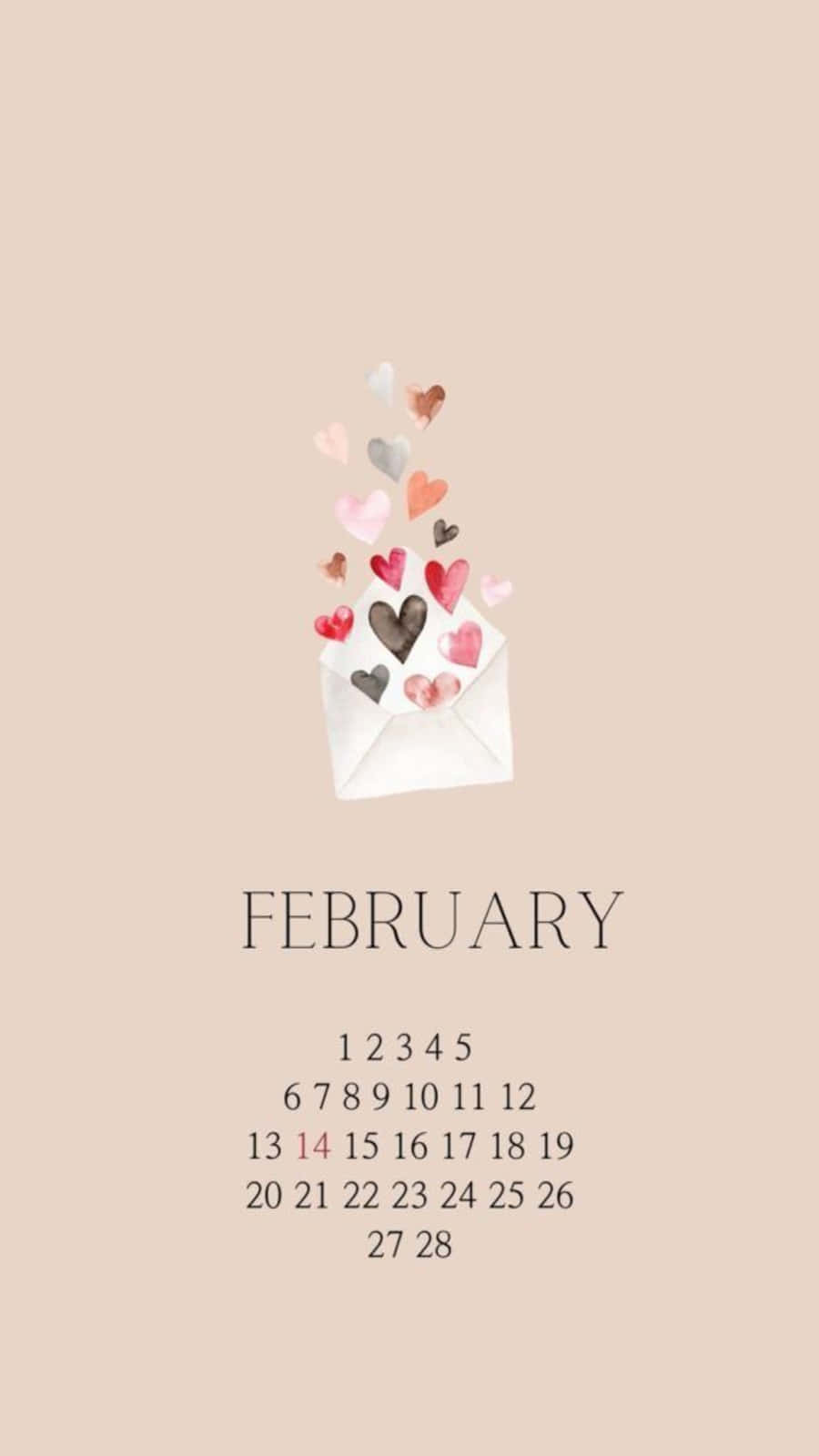 February iPhone 桌布 壁紙 — 水彩風格二月月曆，白色信封釋放粉彩心形，襯以柔和米色背景。