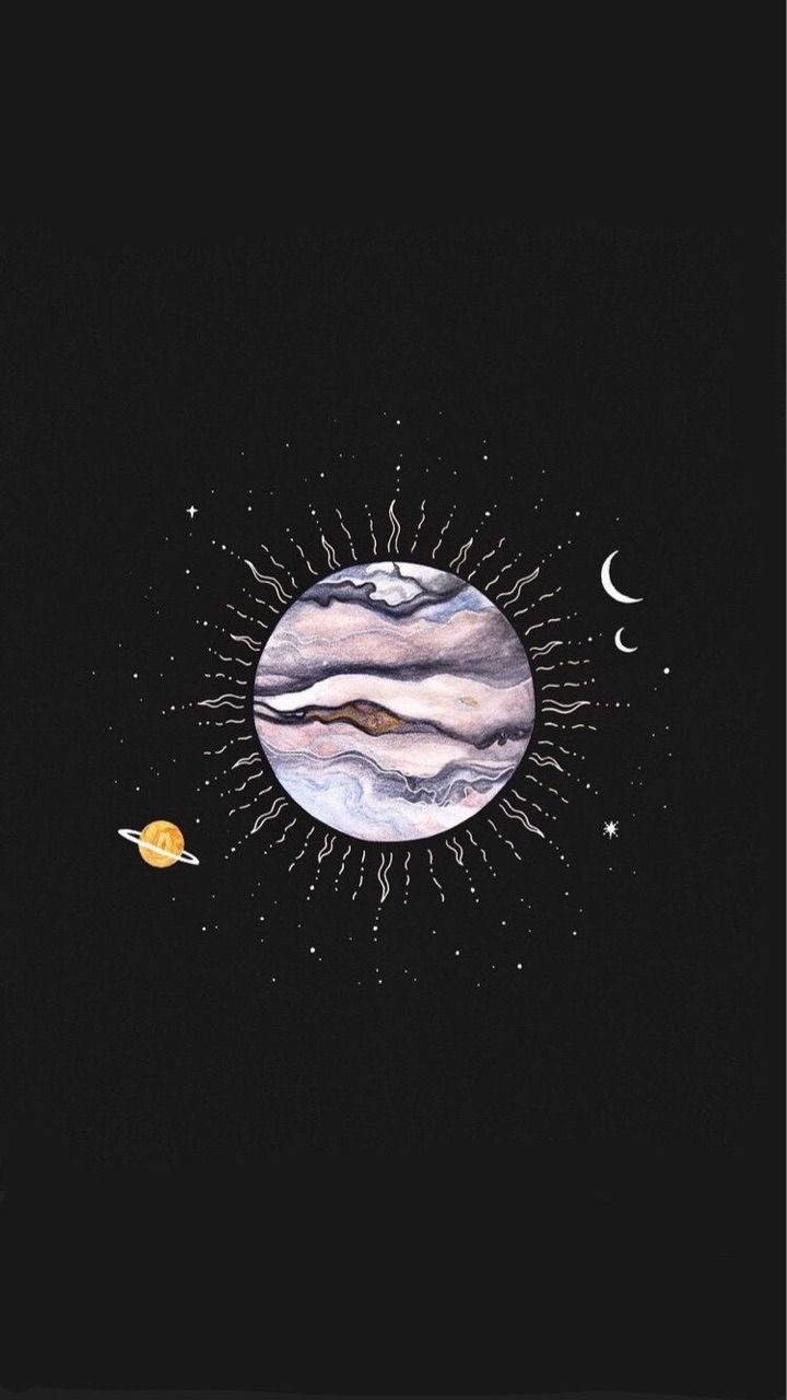 太陽與月亮 桌布 壁紙 — 水彩風格插圖，描繪一條紋行星帶有光環和彎月，背景是繁星點點的黑夜。
