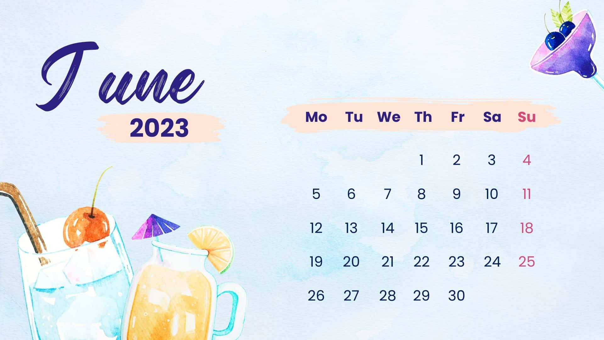 June 桌布 壁紙 — 水彩風格的2023年6月日曆，配有清涼飲料和淺藍色背景。