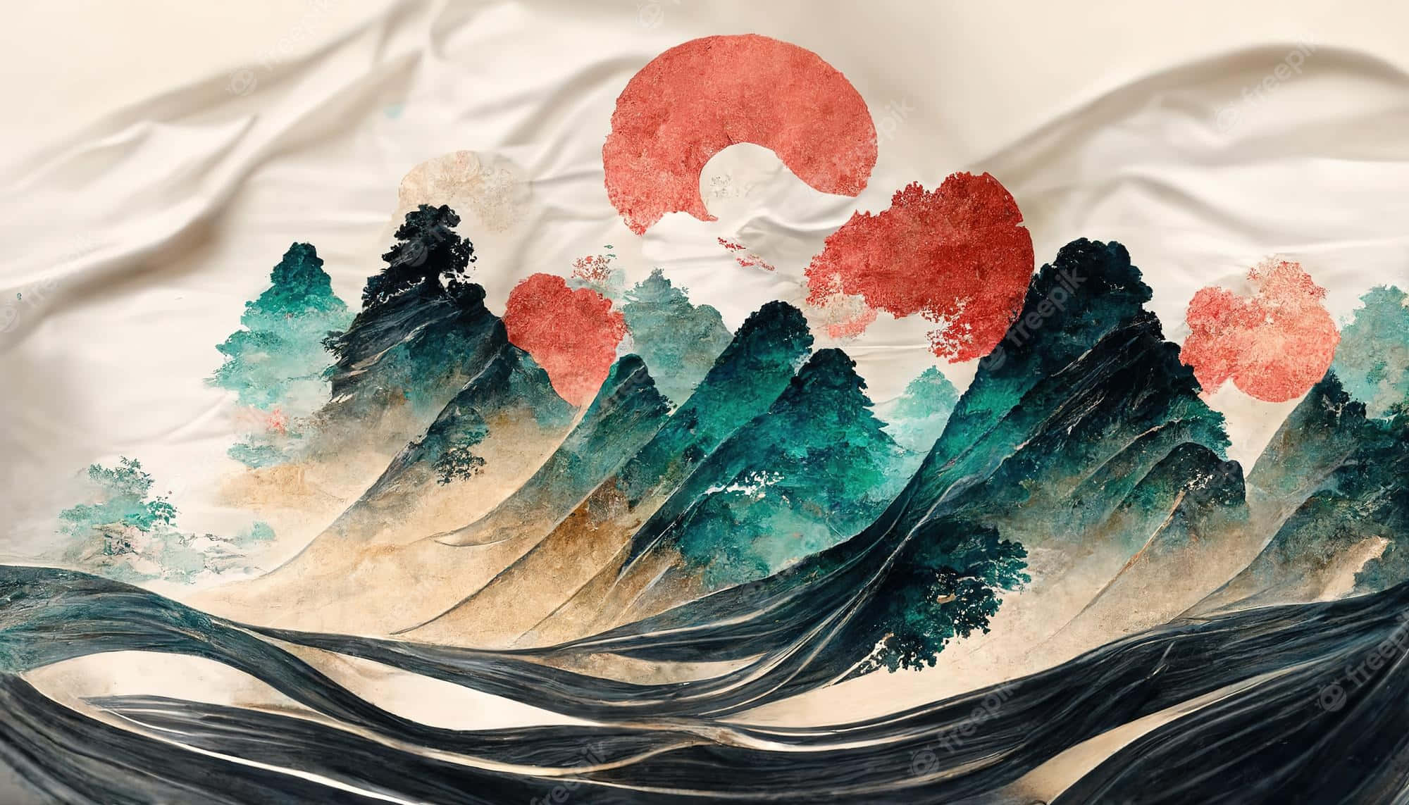 桌布 壁紙 — 水彩風格的山景，帶有紅色太陽和流動的深色波浪，背景為紋理織物。