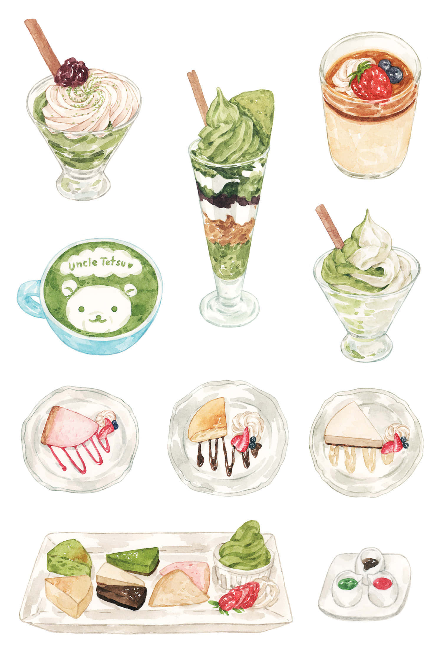 Japanese Sweets 桌布 壁紙 — 水彩風格的抹茶甜點系列，包括芭菲、蛋糕和糕點，整齊地擺放在白色盤子上。
