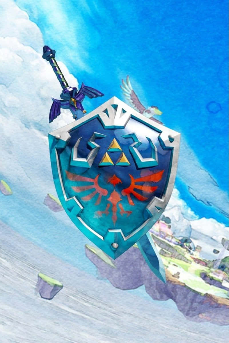 The Legend Of Zelda Skyward Sword 桌布 壁紙 — 水彩風格的海利亞盾牌和劍漂浮在浮島之上，明亮的藍天下有一隻鳥在附近飛翔。