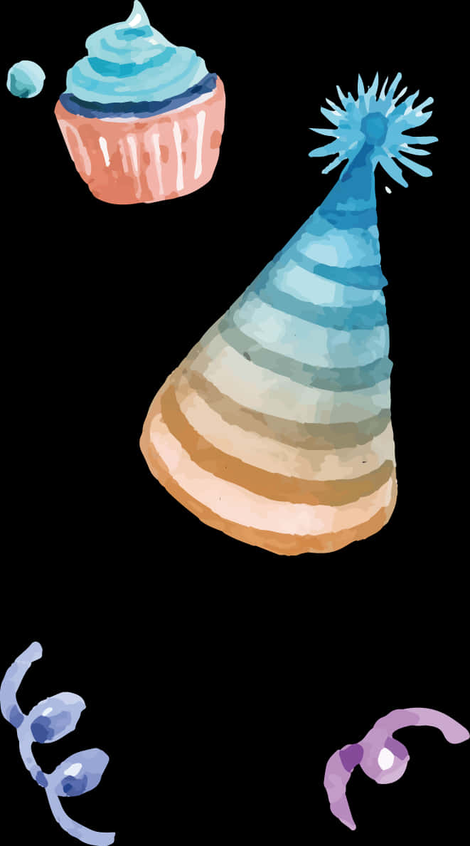 Birthday Party 桌布 壁紙 — 水彩風格的生日帽和杯子蛋糕漂浮在黑色背景上，散落著五彩紙屑。