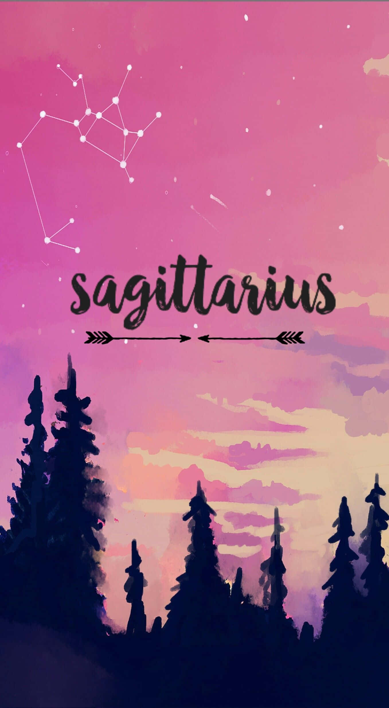 sagittarius 桌布 壁紙 — 水彩風格的粉紅色日落天空，有人馬座星座和松樹剪影。