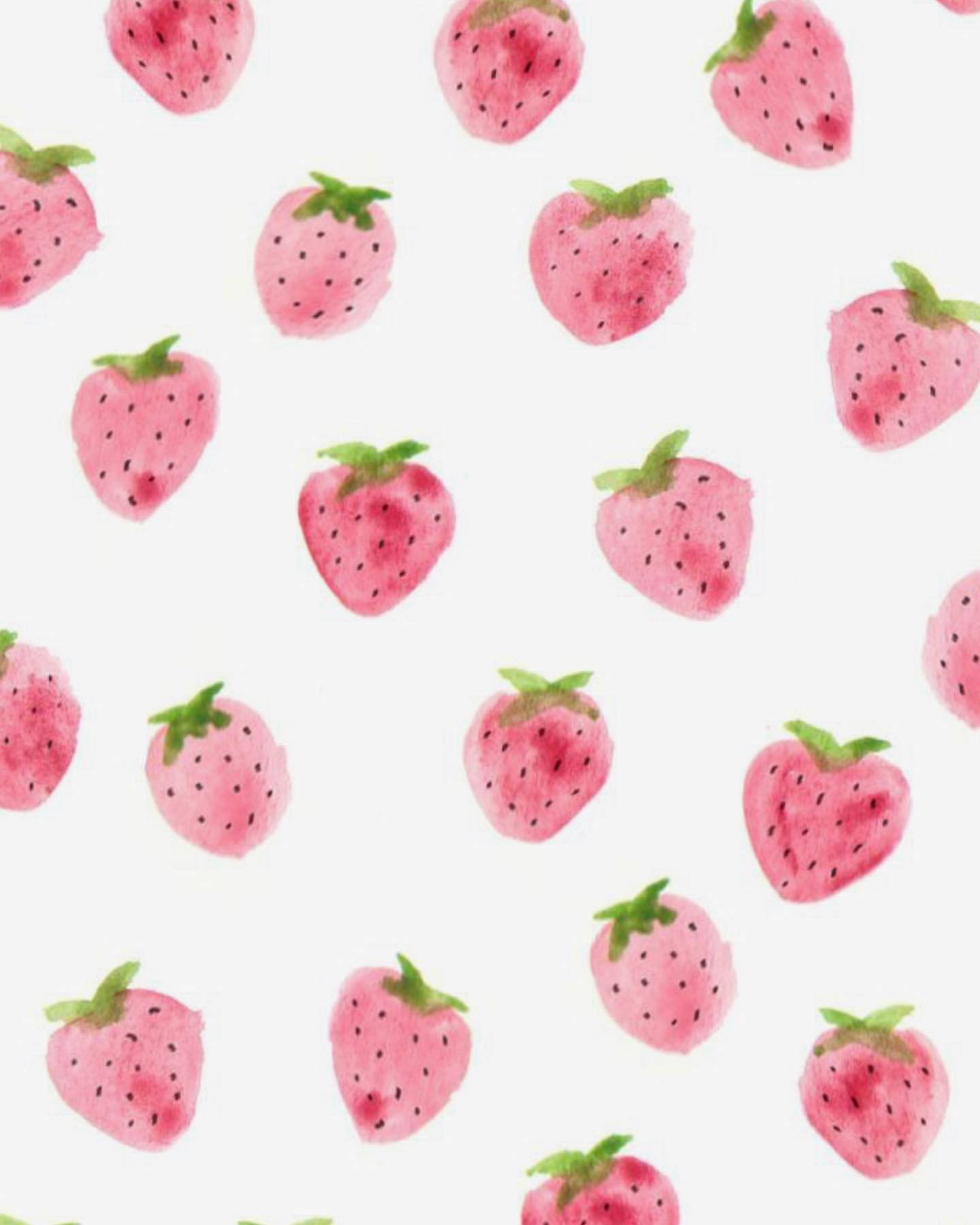 Strawberry Aesthetic 桌布 壁紙 — 水彩風格的粉紅色草莓，帶有綠色葉子，散落在潔白的背景上。