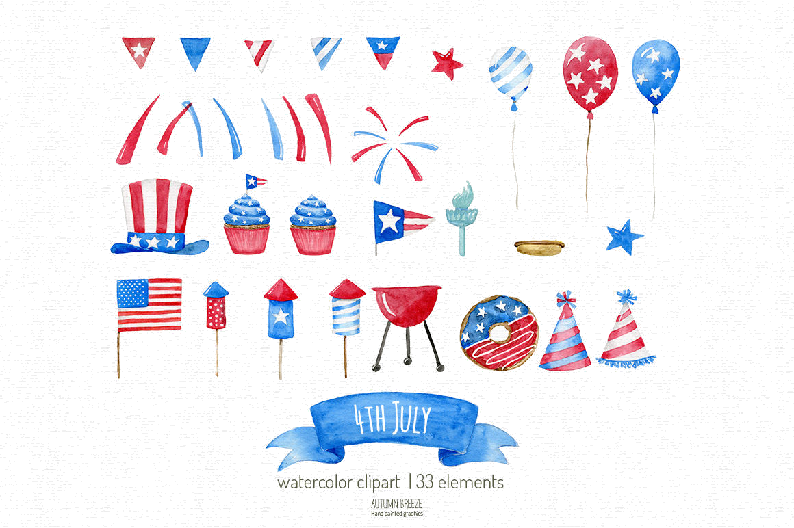 4th Of July 桌布 壁紙 — 水彩風格的美國獨立日圖標，包括氣球、旗幟和煙火，在紋理黑色背景上。