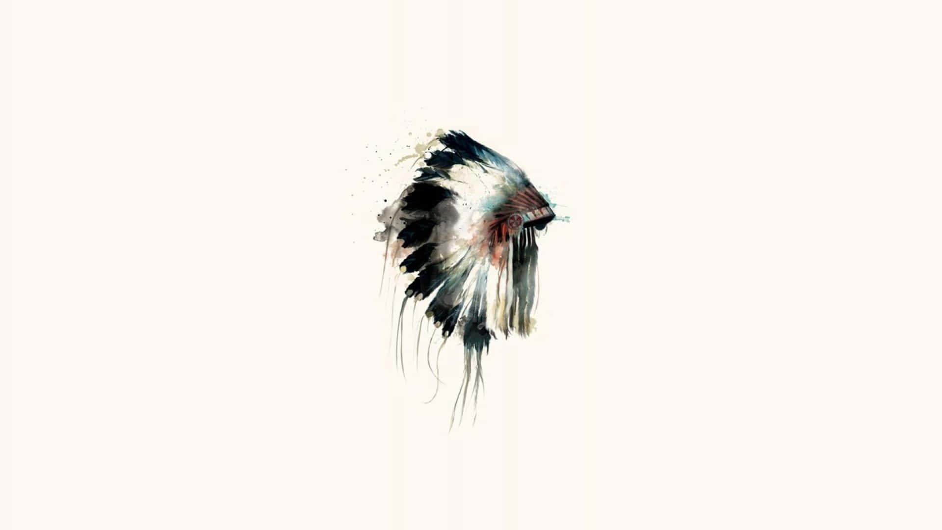 Native 桌布 壁紙 — 水彩風格的羽毛頭飾，帶有黑色、白色和紅色色調，潑灑在淡奶油色背景上。