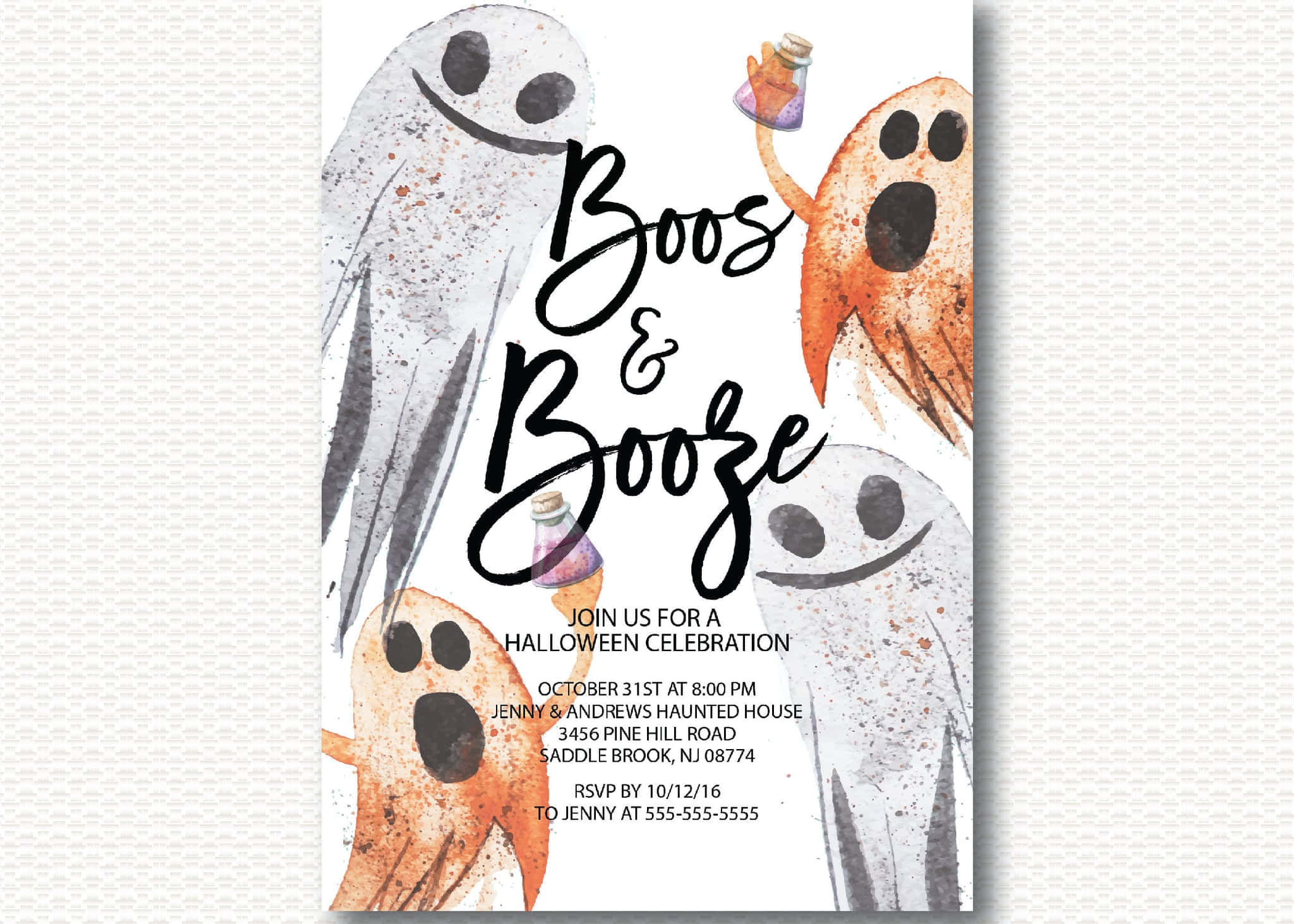 Halloween Invitations 桌布 壁紙 — 水彩鬼魂帶著頑皮的表情，圍繞著粗體文字手持藥水瓶，用於萬聖節派對邀請函。