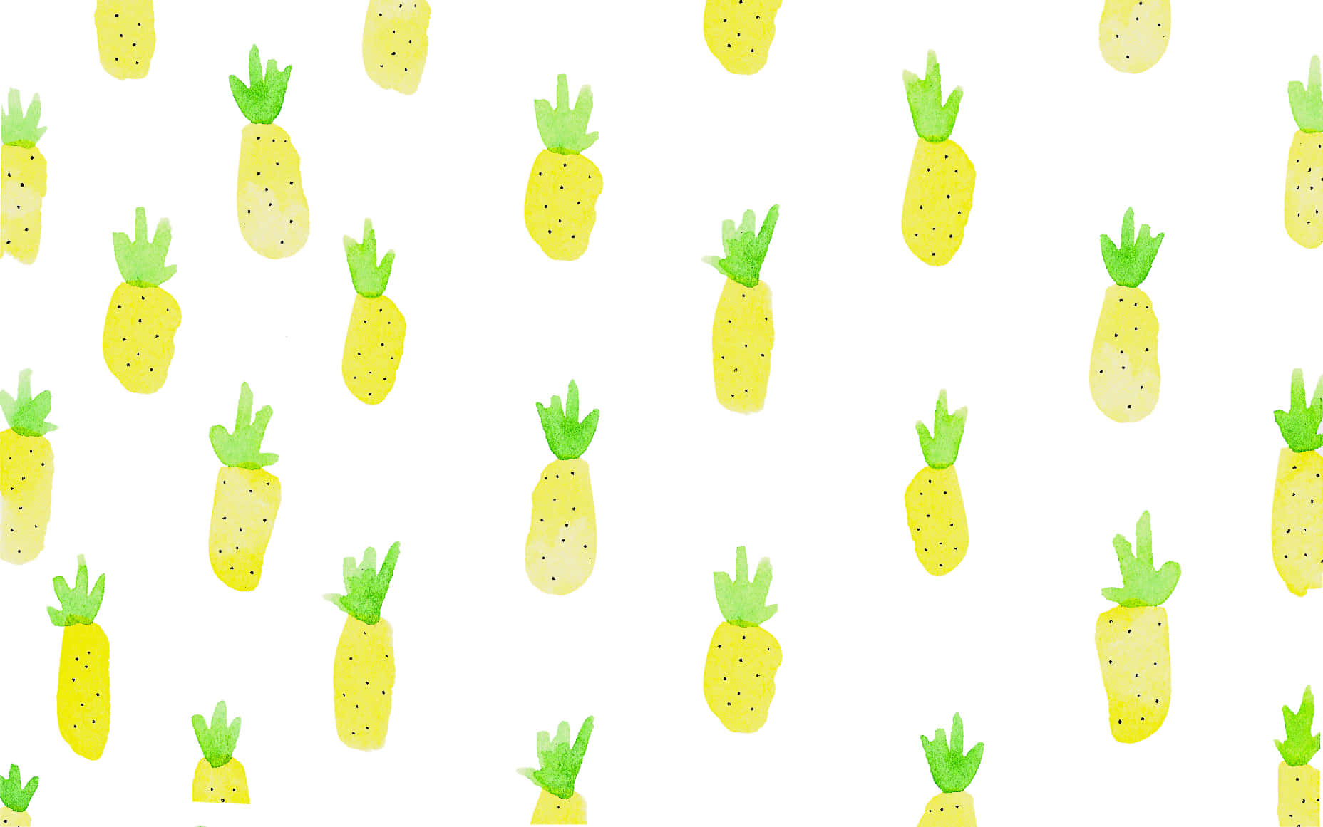 Pineapple Desktop 桌布 壁紙 — 水彩鳳梨圖案，黃色果實和綠色冠冕散落在白色背景上。