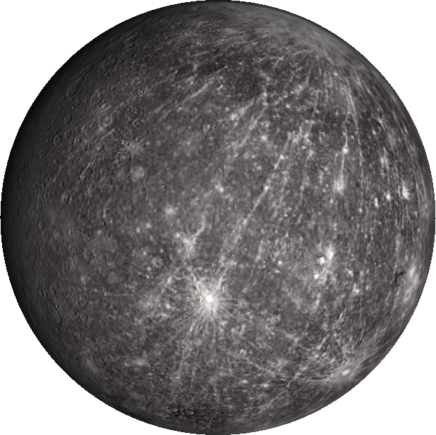 Planets 桌布 壁紙 — 水星佈滿隕石坑表面的詳細灰階視圖，帶有明亮的射線系統和一個突出的撞擊盆地。