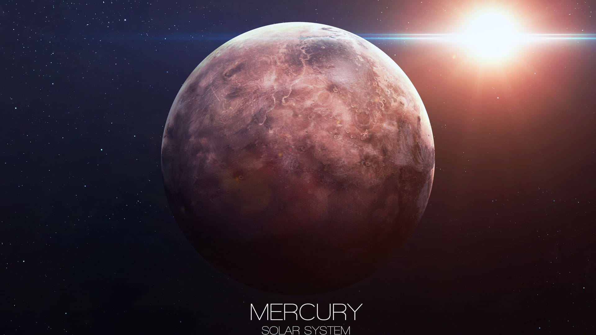 太空中的水星，帶有太陽耀斑和星空背景。 — 行星動畫 壁紙