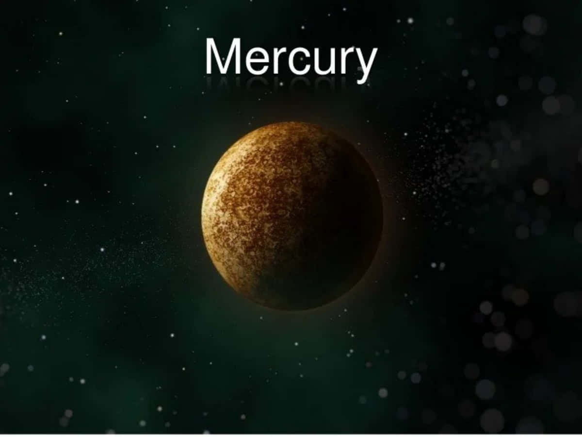 Mercury 桌布 壁紙 — 水星在黑暗星空背景下發光的詳細視圖，並疊加了水星一詞。