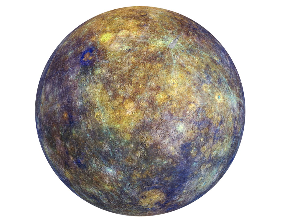 Mercury 桌布 壁紙 — 水星坑洞表面的詳細視圖，帶有金色和藍色調，背景為純白色。