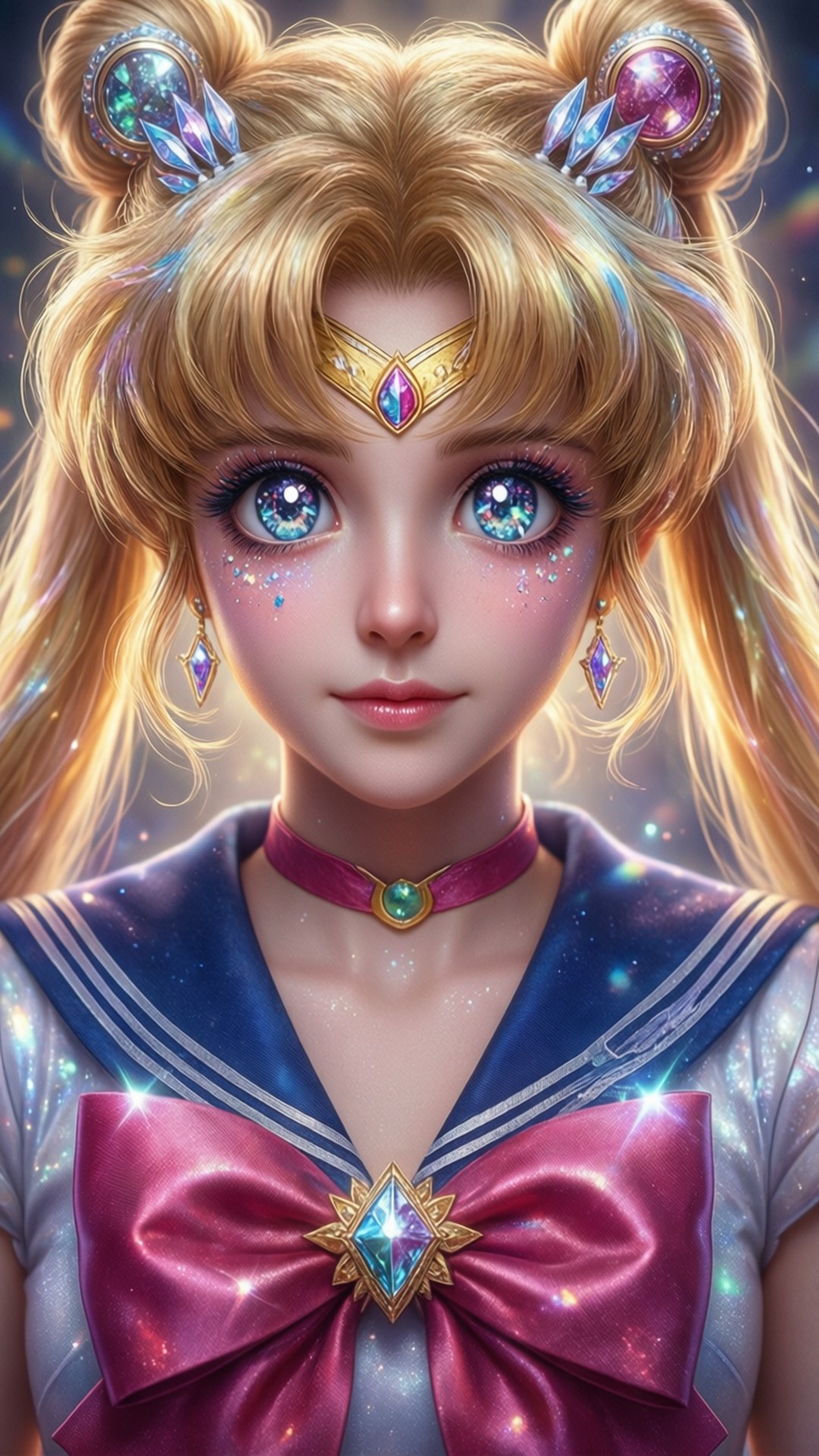 水晶光輝 壁紙 — 一個令人驚嘆的動漫風格美少女戰士，擁有閃閃發光的藍色眼睛和金色頭髮，飾有水晶飾品，背景是星空宇宙。
