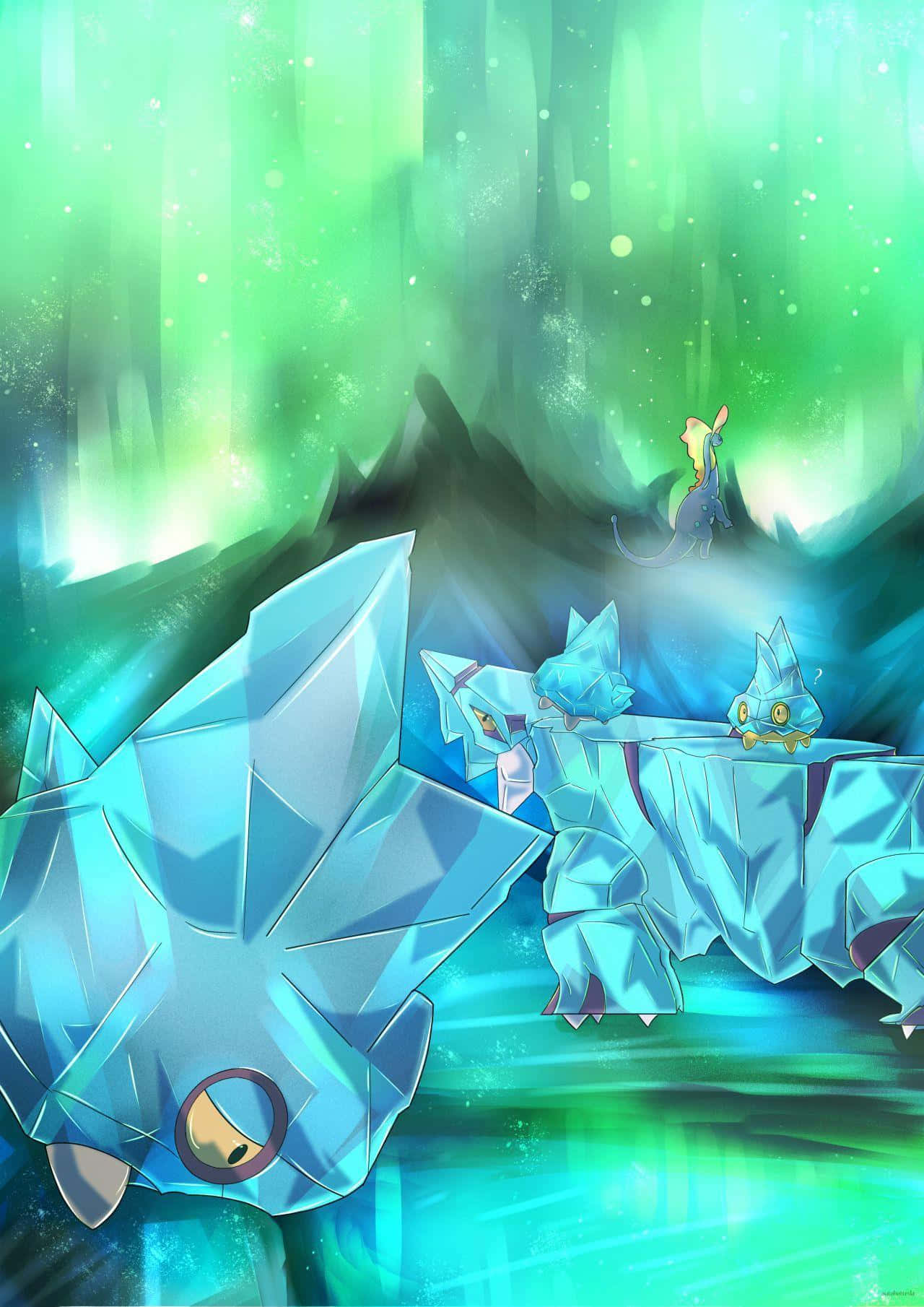 Pokémon 手機 桌布 壁紙 — 水晶寶可夢站在發光的綠色森林中，上方閃爍著極光般的光芒。
