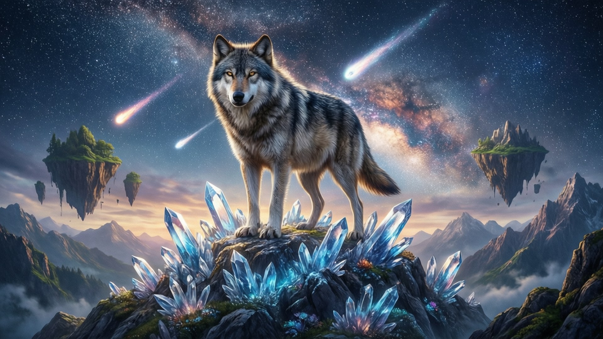水晶山守護者 壁紙 — 一頭雄偉的狼站在發光的藍色水晶上，星空下劃過流星和漂浮島嶼。